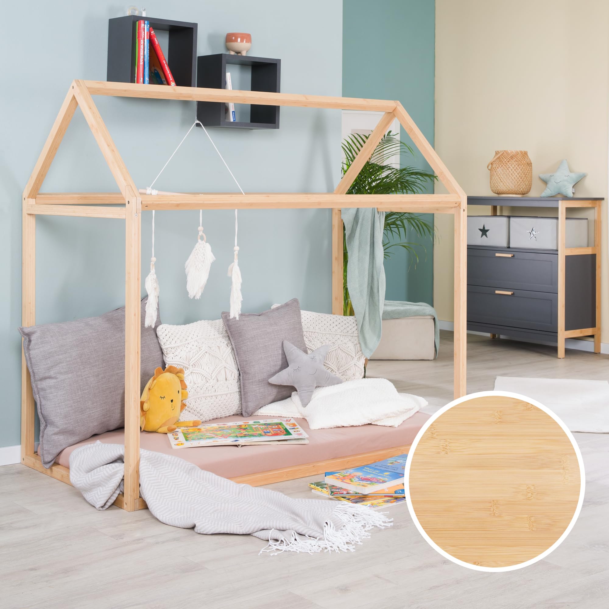 roba Hausbett Montessori 70 x 140 cm - Kinderbett aus FSC zertifiziertem Massivholz - Bambus natur