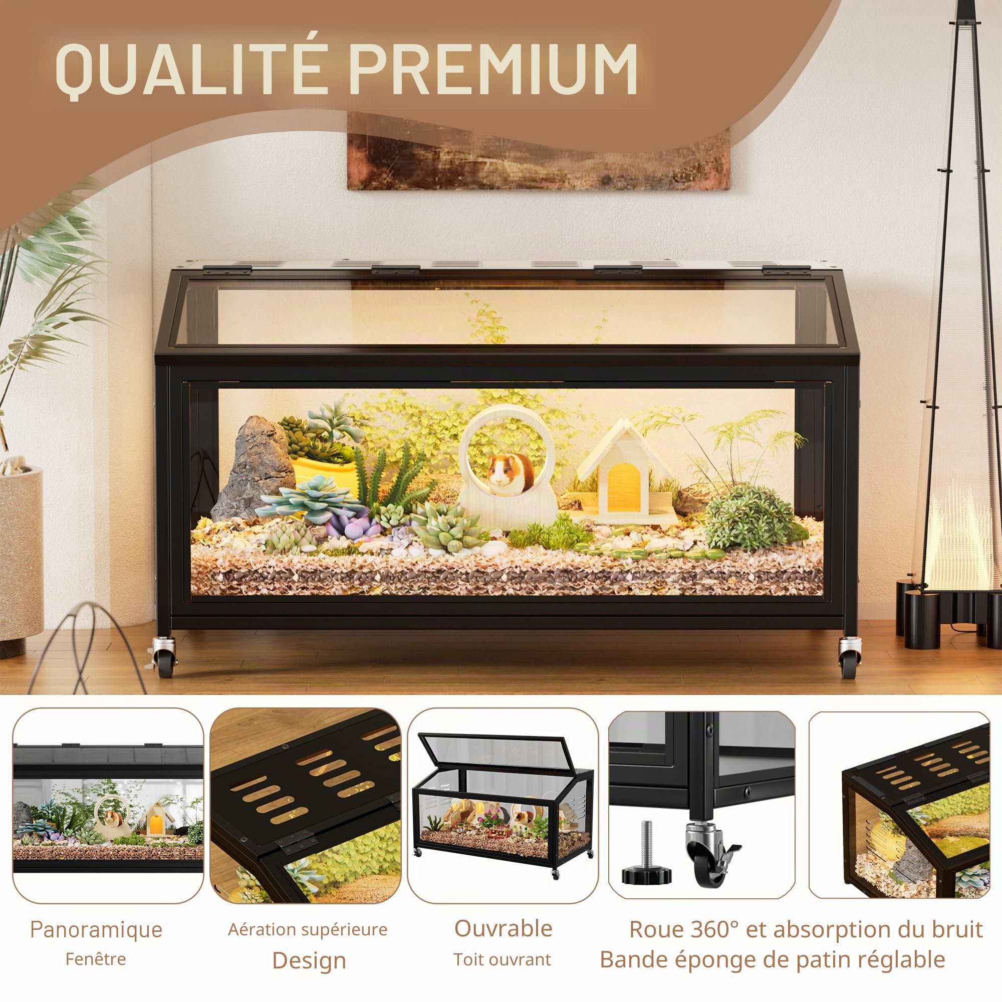 MSFE Cage pour Hamster à roulettes, 100x51x50cm Habitat Rongeurs Transparent de Vue Panoramique 360°, Grande Cage à Rongeurs, Respirant sur Trois côtés, pour Gerbilles et Cochon d'Inde, Souris, Rats