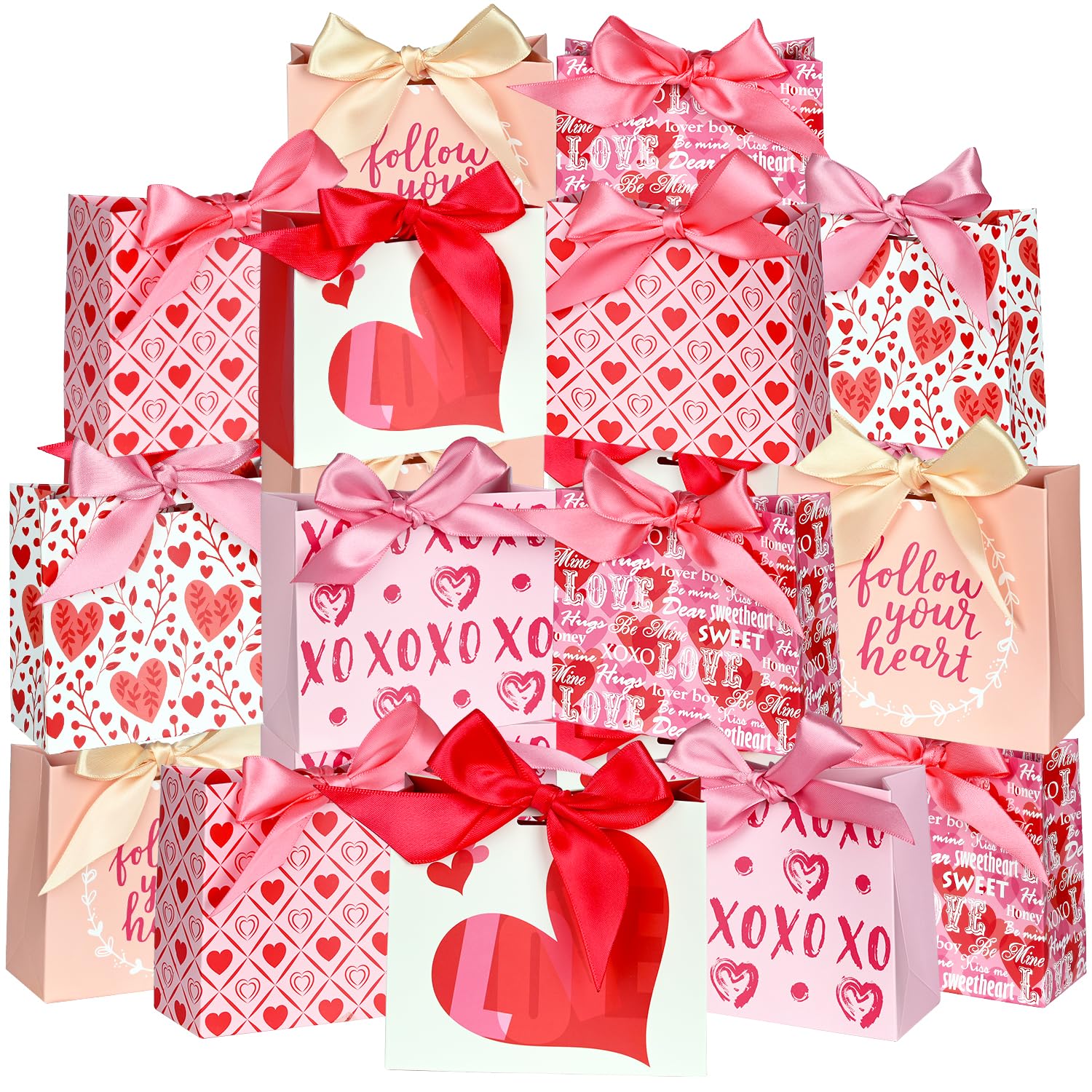 Nimbbex 24 Pack Small Valentines Gift Bags with Bow Ribbons, 4.5" X 1.8" X 3.9" Love Heart Valentines Bags, Mini Valentines Bags for Weddings, Holidays, Classroom, Valentine's Day Gift Giving