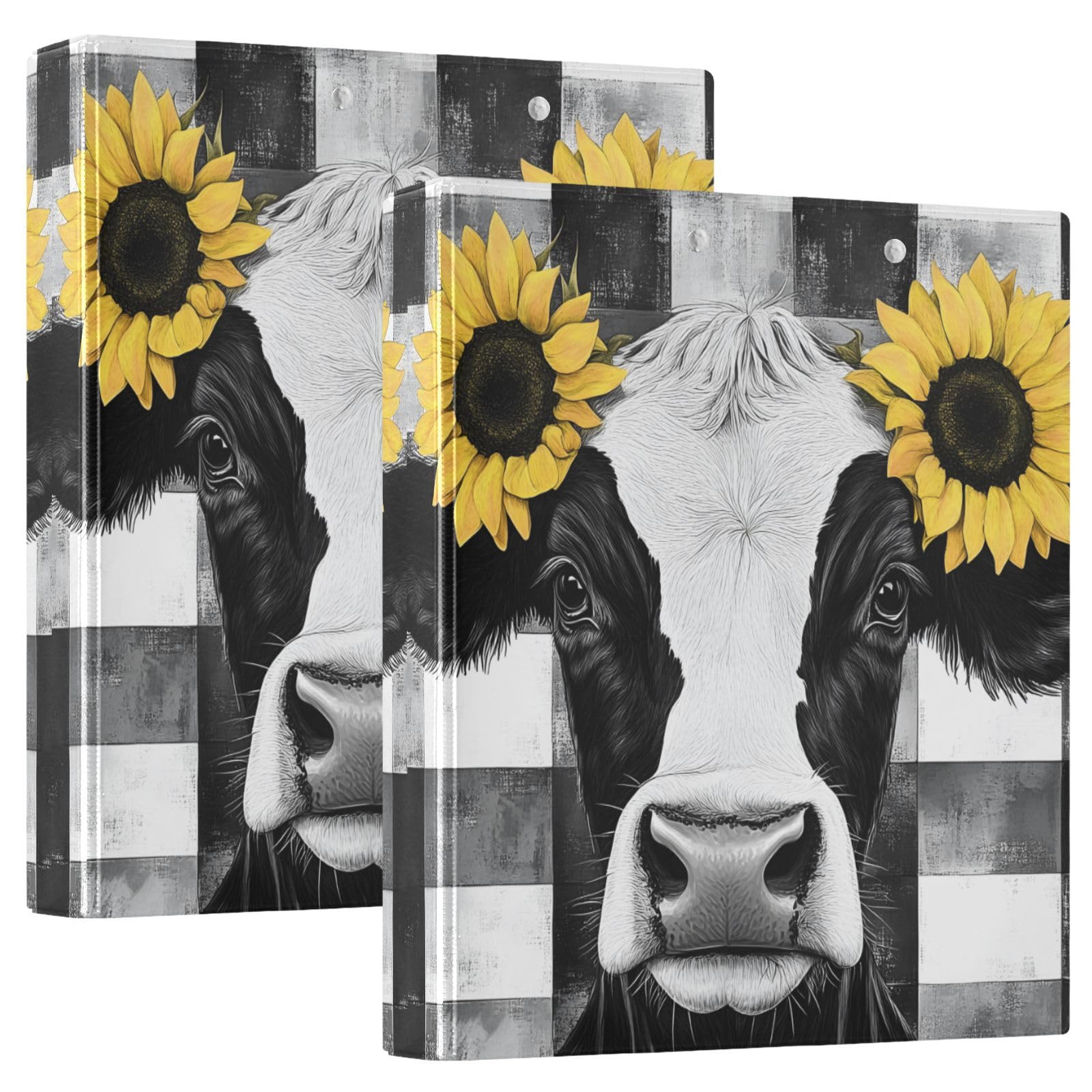 Confezione da 2 raccoglitori a 3 anelli, motivo floreale con mucca, girasole, plaid da 3,8 cm, con 3 tasche trasparenti, portablocco e contiene 200 fogli, per ufficio, scuola, organizzazione