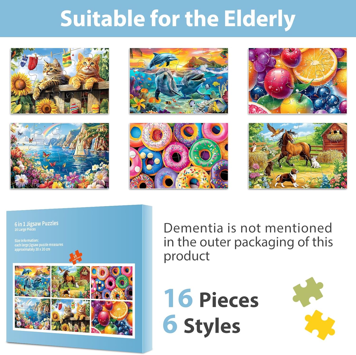 6 Packs 16 Large Piece Puzzle for Seniors Dementia Alzheimer's Products Activities for Elderly Adults, Horse Cat Easy Puzzle Alzheimer’s Cognitive Game Gift for Patient in Nursing Home