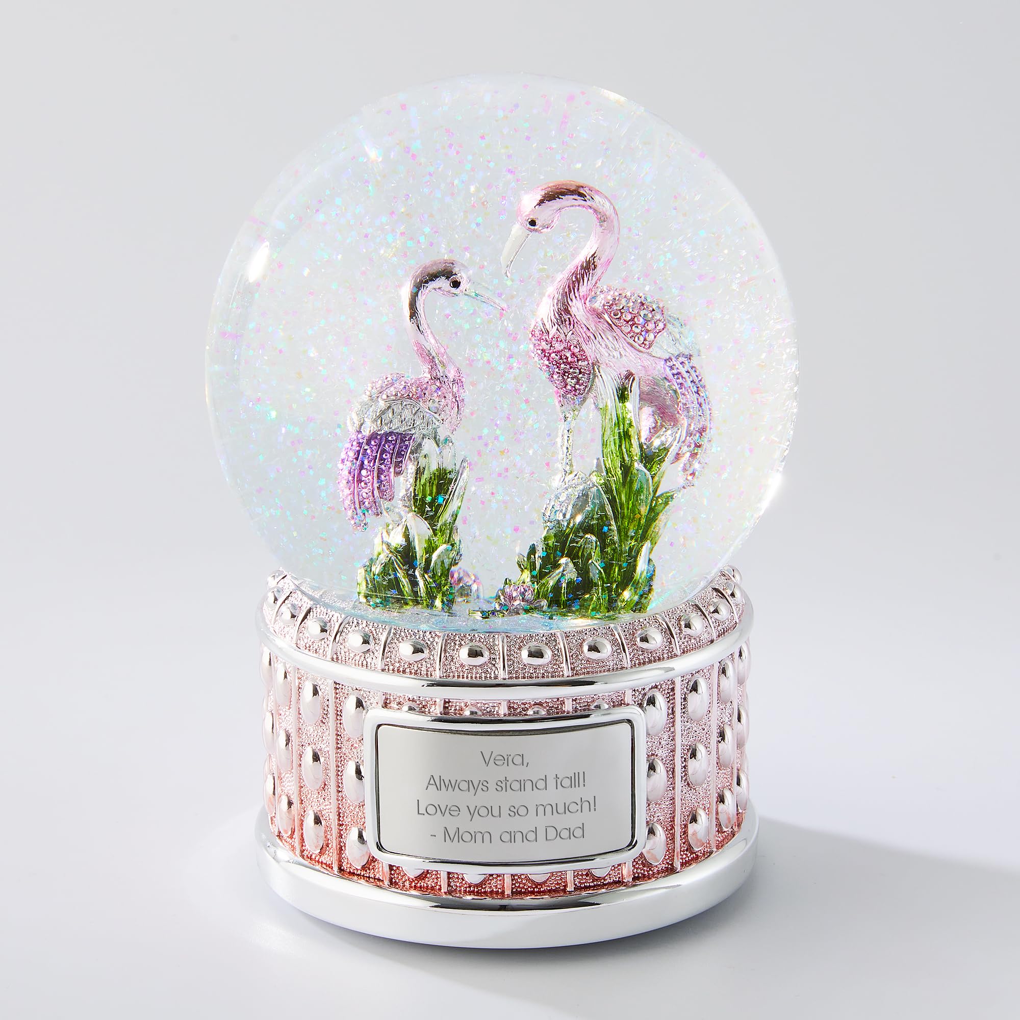 THINGS REMEMBERED Engraved Jeweled Flamingo Musical Snow Globe (Free Customization), Plays Flower Song Music