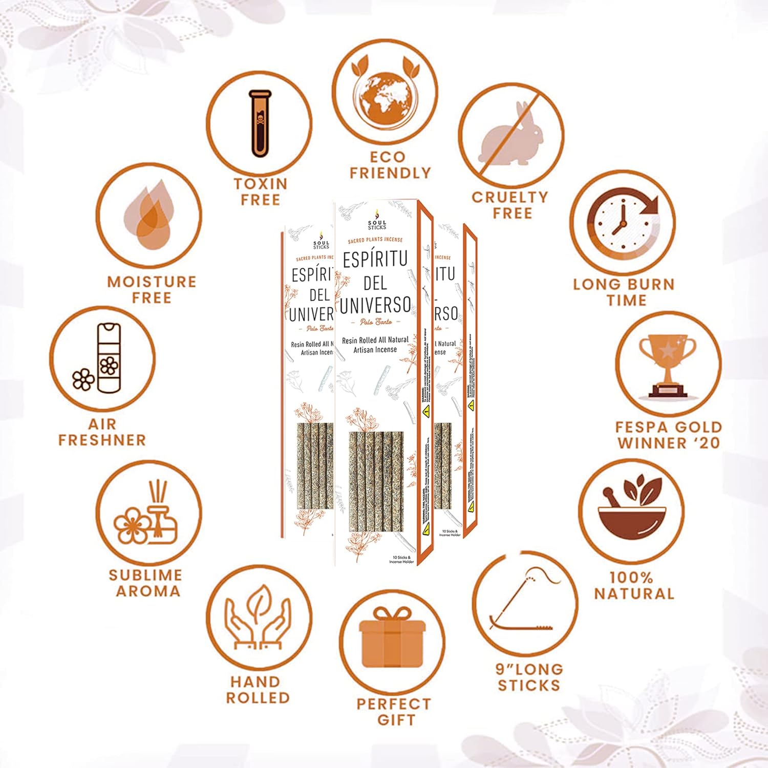 SOUL STICKS Shaman's Kit | Gift Set with Espiritu Incense Sticks, Sage Smudge Stick, Smudge Candle, Smudge Spray, 4 Selenite Wand in White Gift Box (Palo Santo)