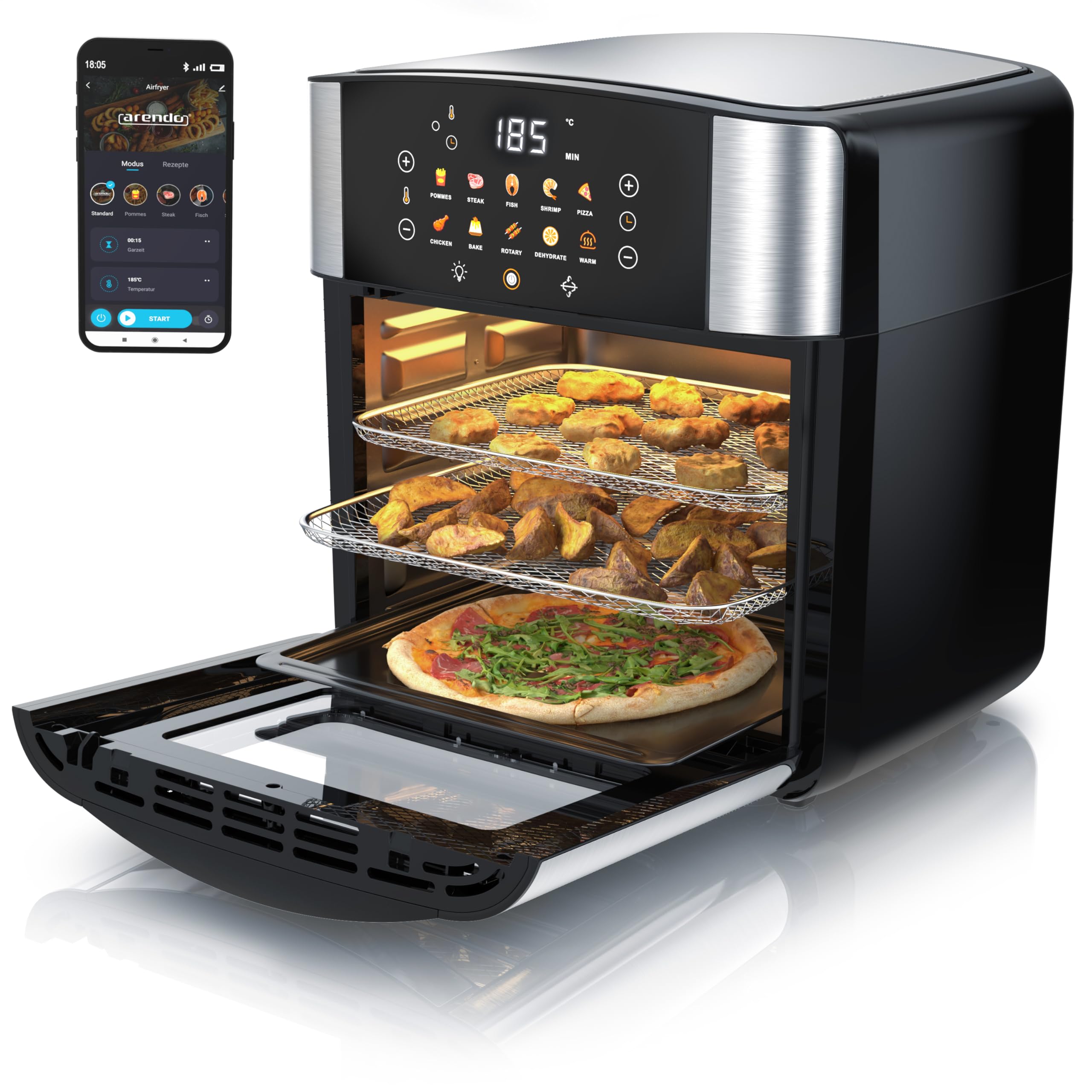 Arendo - Heißluftfritteuse XXL Smart Wlan - extra Groß 16 Liter - Backofen Umluft - Grill - Dörrautomat - Air Fryer - Touchscreen - Easy&Clean - Fritteuse ohne Öl - Pizza Hähnchen Pommes - BPA frei