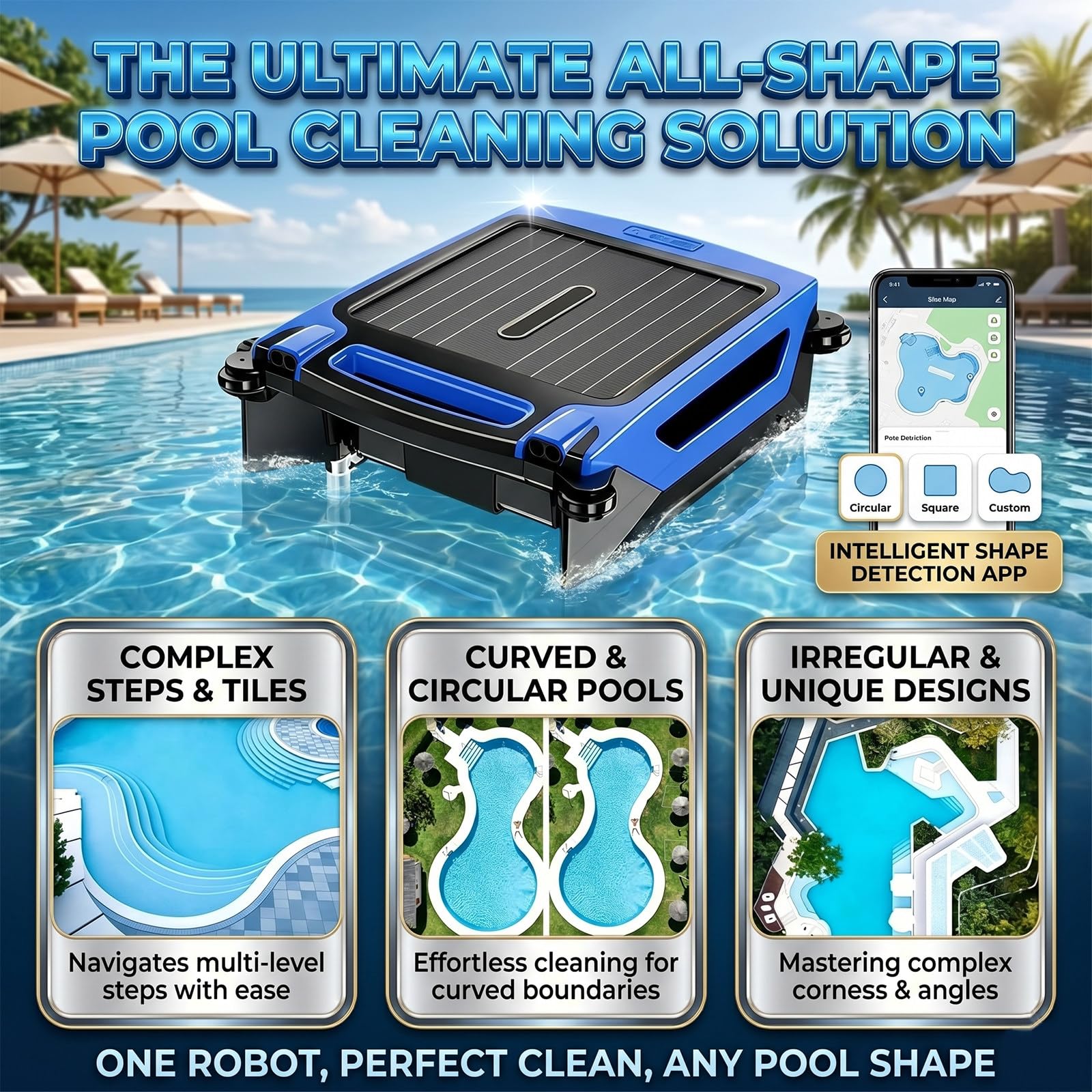 Robot Skimmer de Superficie para Piscinas, Carga Dual (Solar y rápida), Limpieza Continua, Bolsa de Gran Capacidad para residuos (3,8 L), Control por App Blue