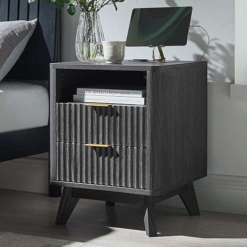 Miniatura 10 de T4TREAM Mesita de noche acanalada con estación de carga, mesa auxiliar moderna de 18" con parte superior de mármol sintético, mesa auxiliar de 2