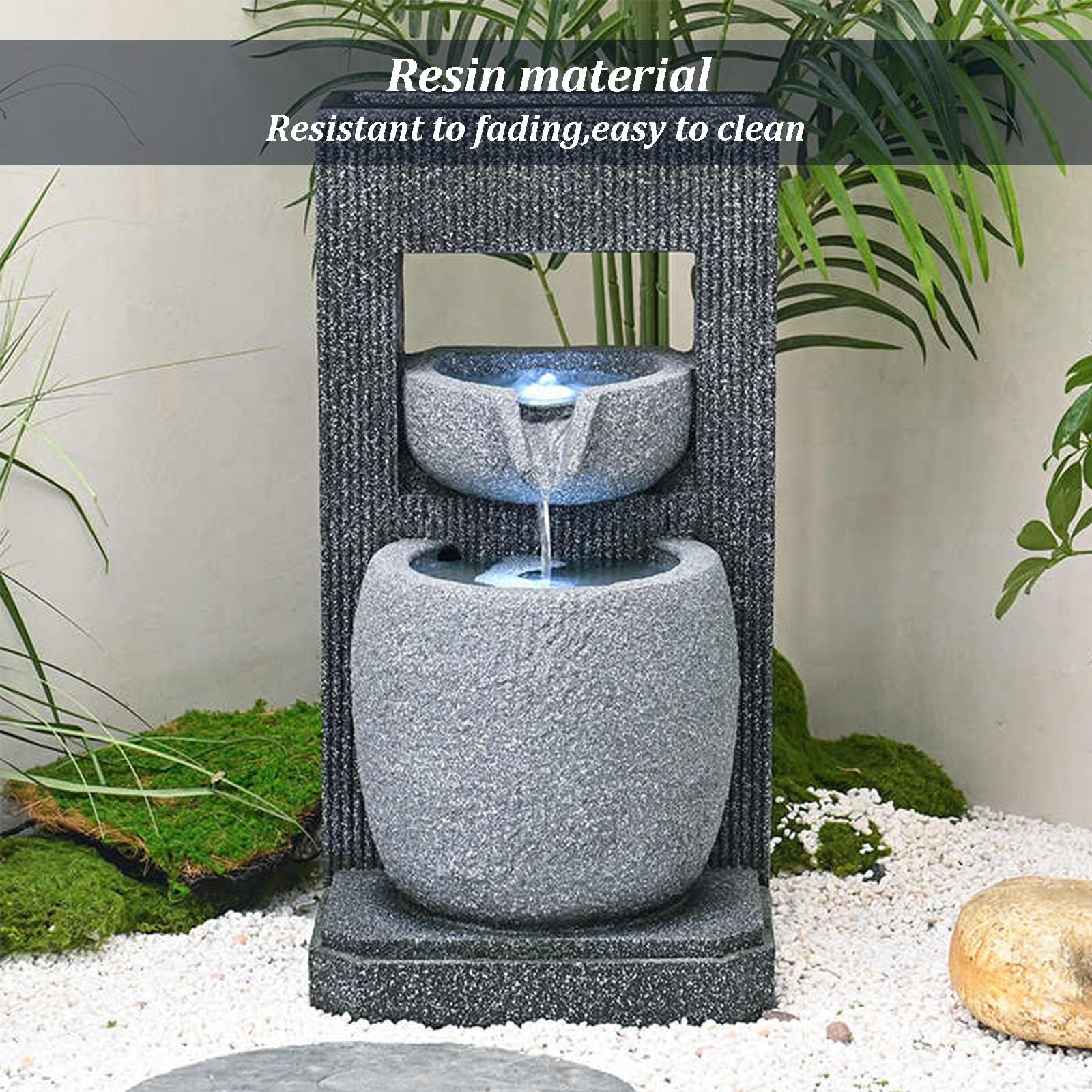 Zewnętrzna fontanna wodospadowa z oświetleniem LED, wolnostojąca żywica Zen Water Feature do ogrodu, na patio, podwórko