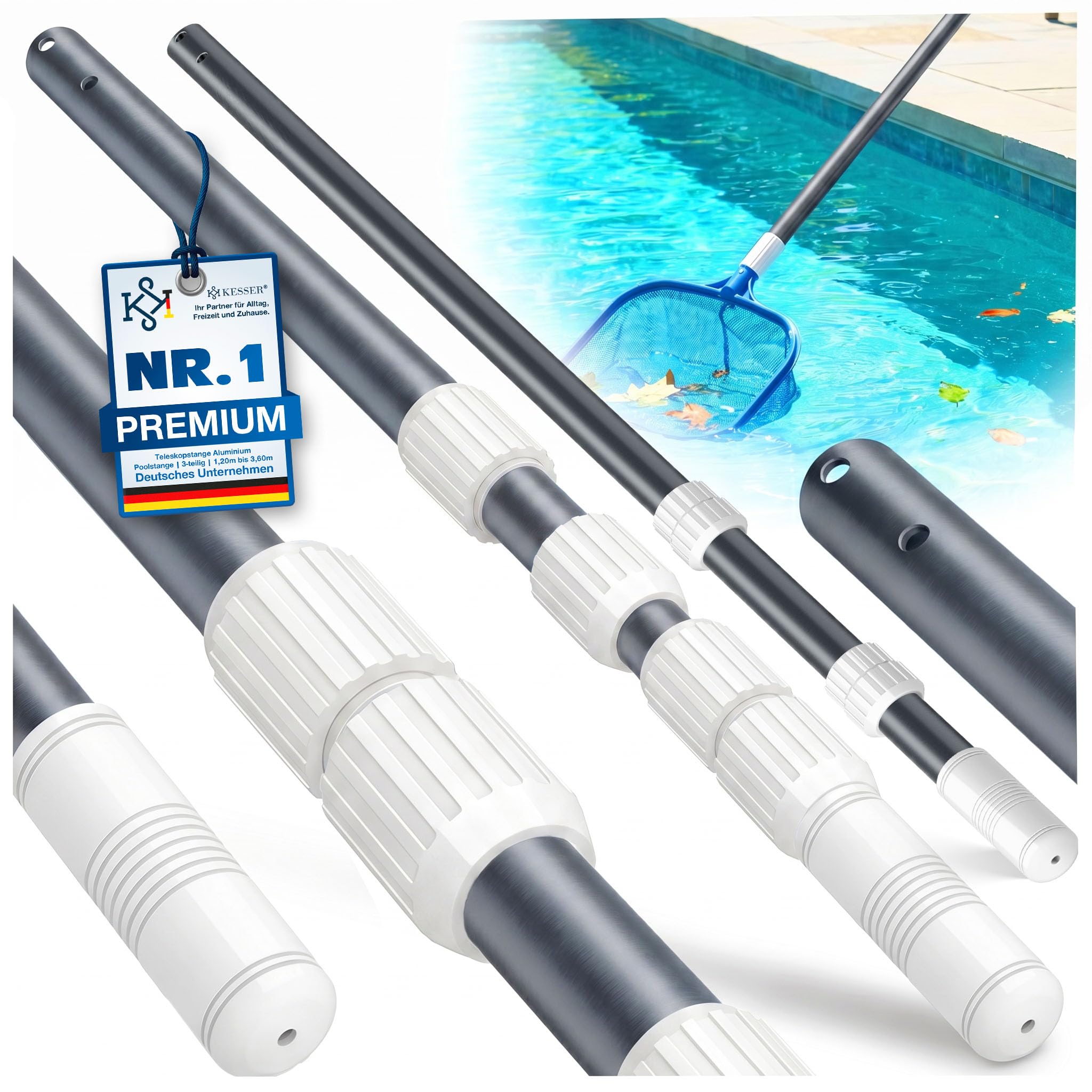 KESSER® Pool Teleskopstange Aluminium Poolstange | Stange zur Poolreinigung 3-teilig | einstellbar von 1,20m bis 3,60m | Witterungsbeständig und Stabil, Anthrazit