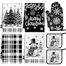 Bencailor 8 件冬季厨房毛巾烤箱手套和锅架套装黑色白色冬季菜肴毛巾雪花耐热烤箱手套适用于度假厨房烹饪烘焙烧烤