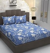 TIB 100% Cotton Elastic Fitted Bedsheets King Size, Elastic Fitted Cotton bedsheet for King Size Bed 72x78 Inch with 2 Pillow Covers 18x28 Inch. (Blue Flower)