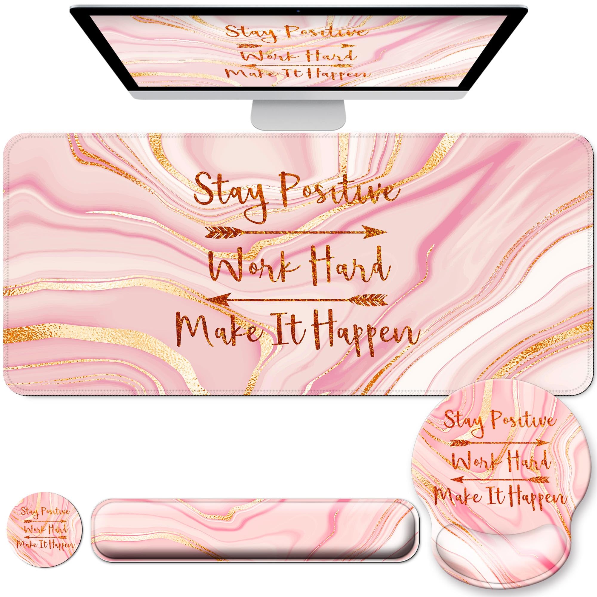 Large Mouse Pad and Keyboard Wrist Rest + Desk Mat Set,Full Long Mouse Pads for Desk Accessories with Memory Foam Gel Pink Mousepad for Women Computer