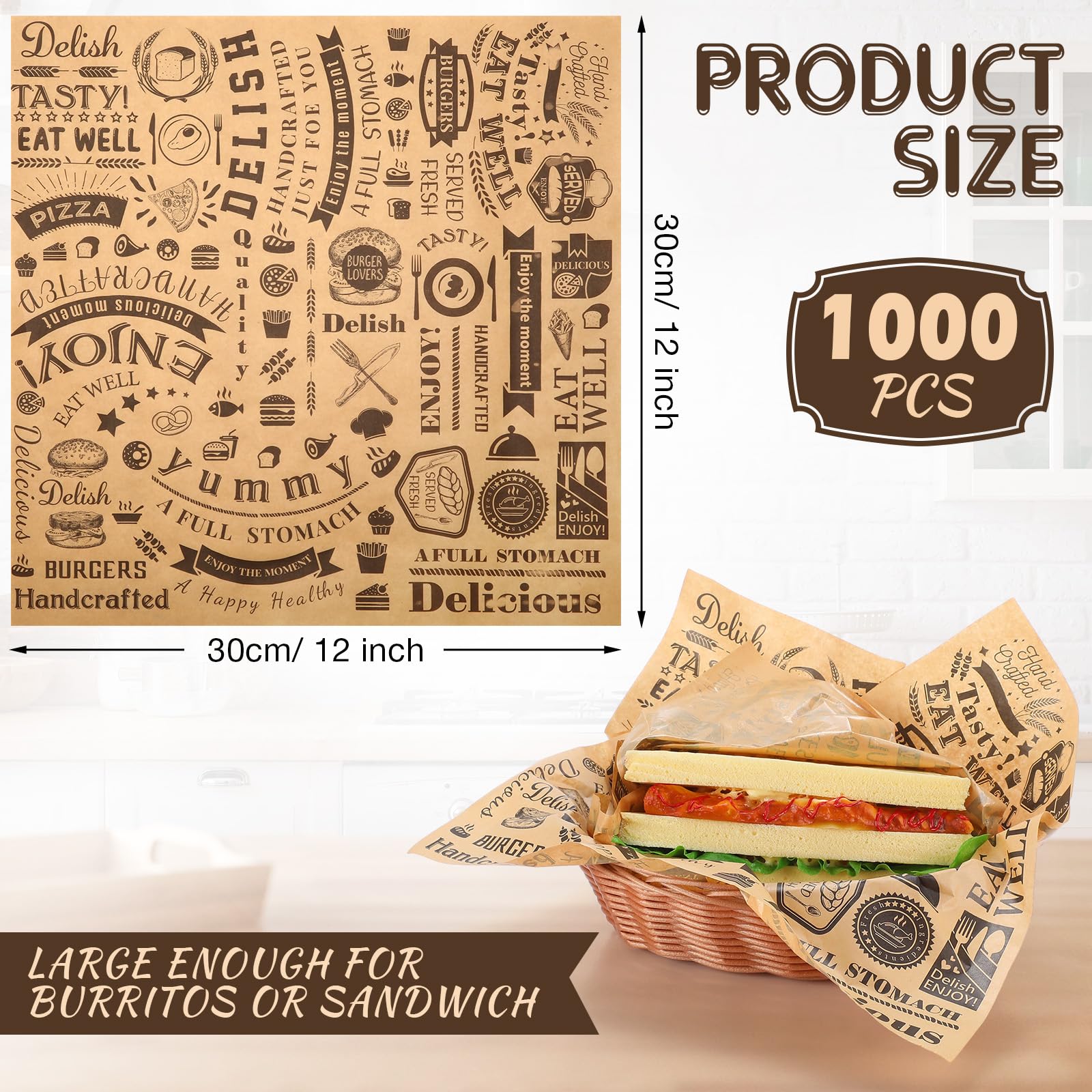Hojas de papel encerado Deli de 12 x 12 pulgadas, resistentes a la grasa, papel de periódico, papel de regalo a prueba de agua y grasa, envoltorios cuadrados para perros calientes para hornear