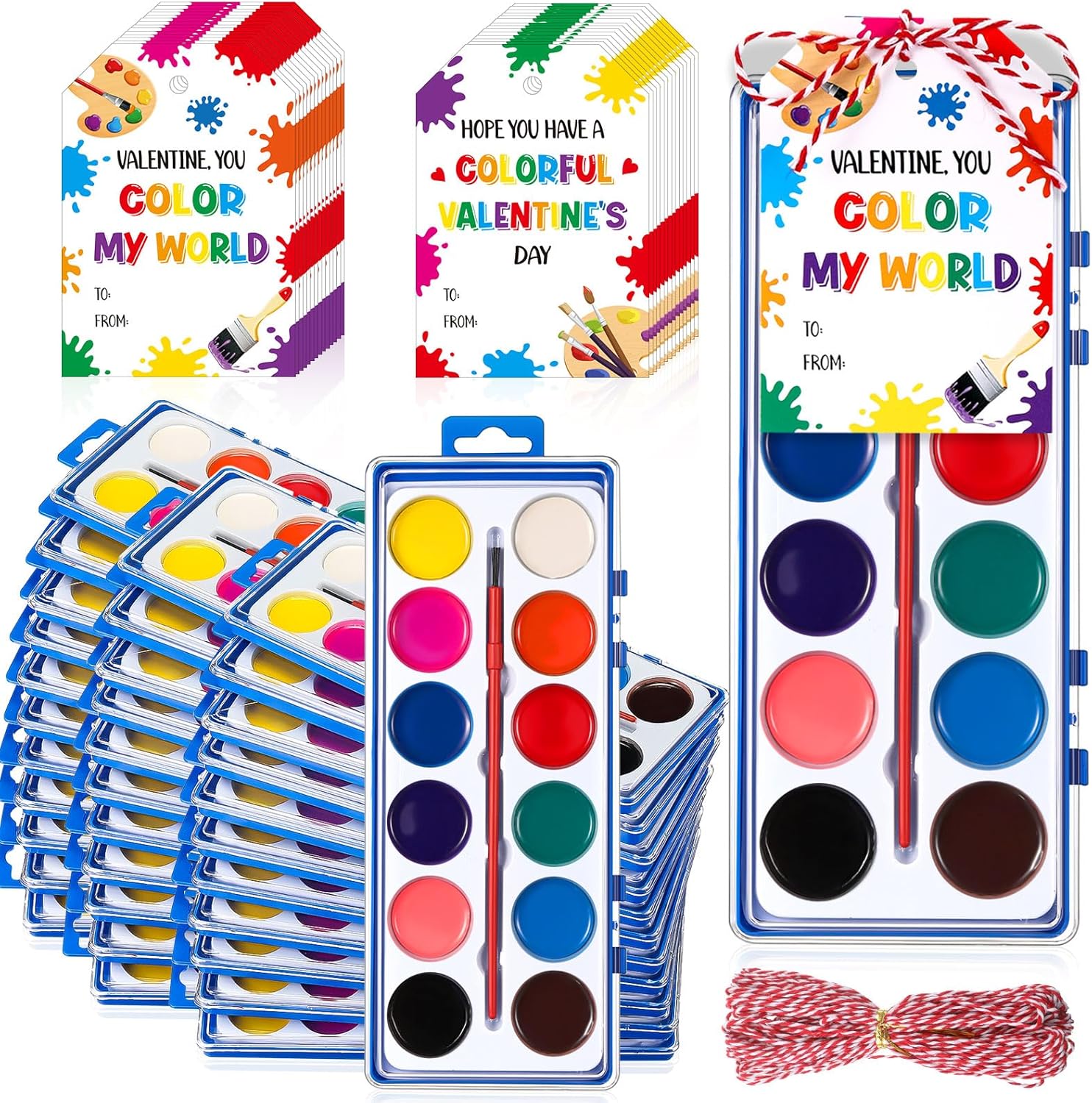 Sabary 50 Pack Valentine Watercolor Paint Sets Valentine's Day Washable Watercolor Paints with Gift Cards and 20 Meters Rope for Classroom Exchange Gifts Valentine Party Favors Art Activities