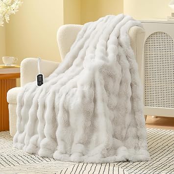 Amelie Home Heated Bubble Faux Fur Blanket Electric - 50"x60" Heating Blanket Throw 2/4/6/8 Hours Auto-Off 8 Heat Level Over-Heat Protection Electric ETL Certification Off White