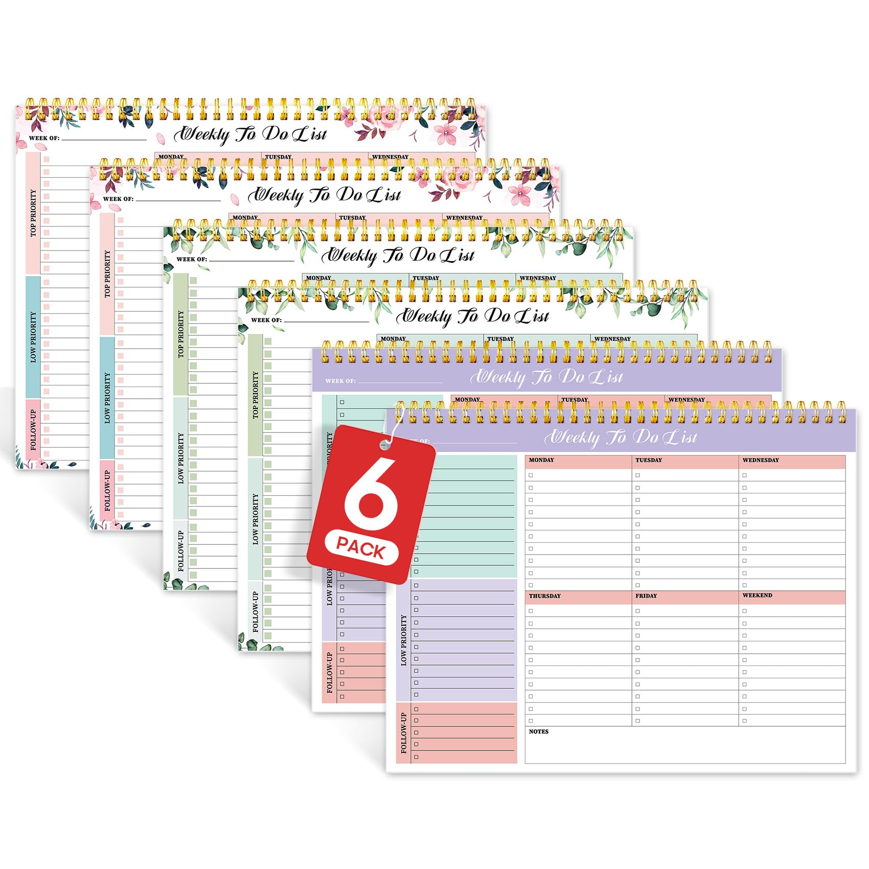 Paquete de 6 bloc de notas semanal con 52 hojas sin fecha (8.5 x 11 pulgadas), planificador semanal de escritorio para mujeres y hombres, trabajo y hogar, multicolor