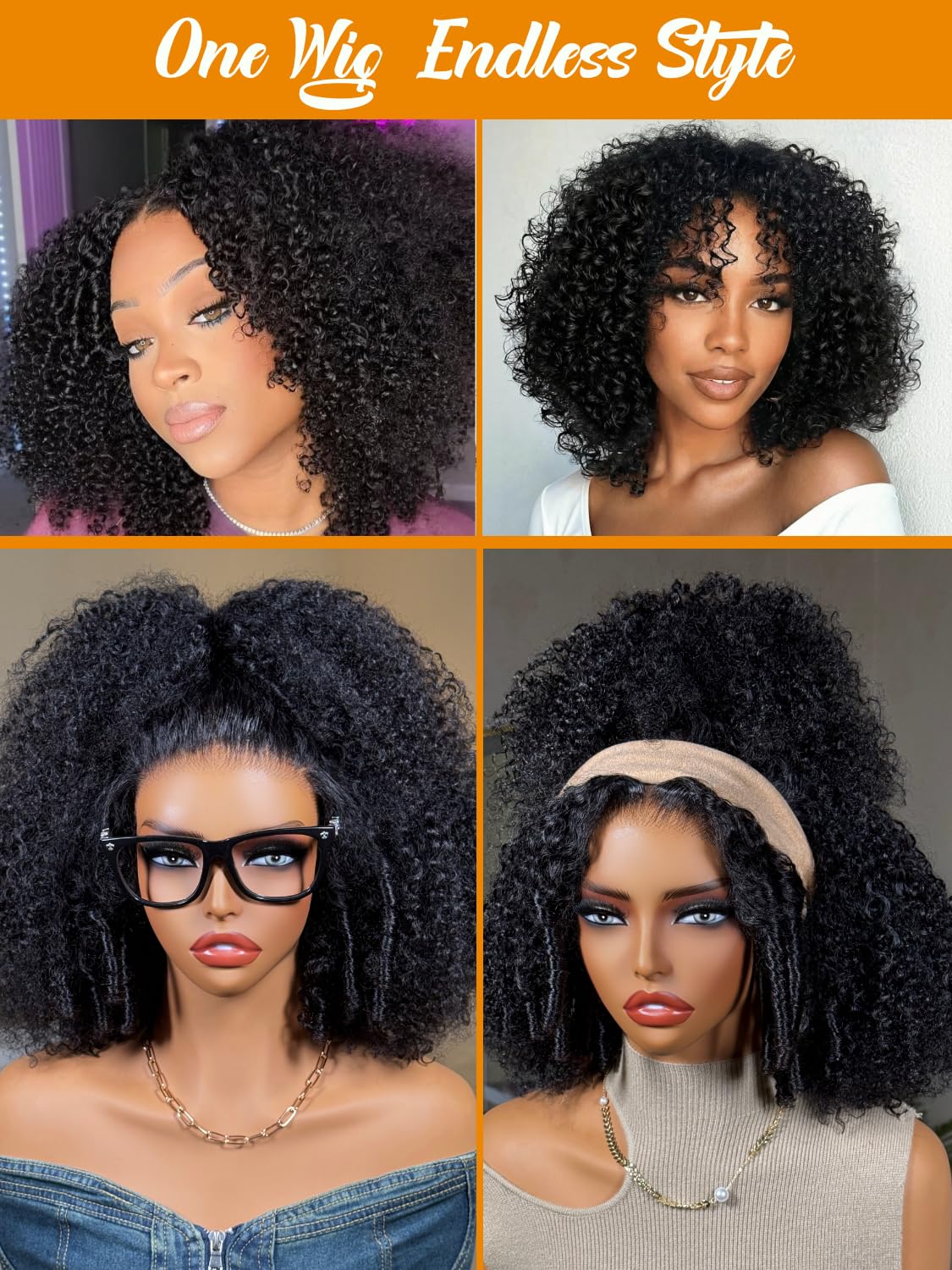 Julia Hair No Slip Afro Kinky Curly 7x5 Glueless Human Hair Wig with Finger Coil Ends HD Lace Closure Drawstring Wigs for Black Women Natural Curls Lace Front Put On and Go Beginner Friendly 18Inch