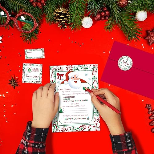 Miniatura 4 de Watayo Kit de 50 cartas oficiales de Papá Noel, tarjetas de relleno de Navidad en blanco con sobres rojos y calcomanías, kit de escritura de carta