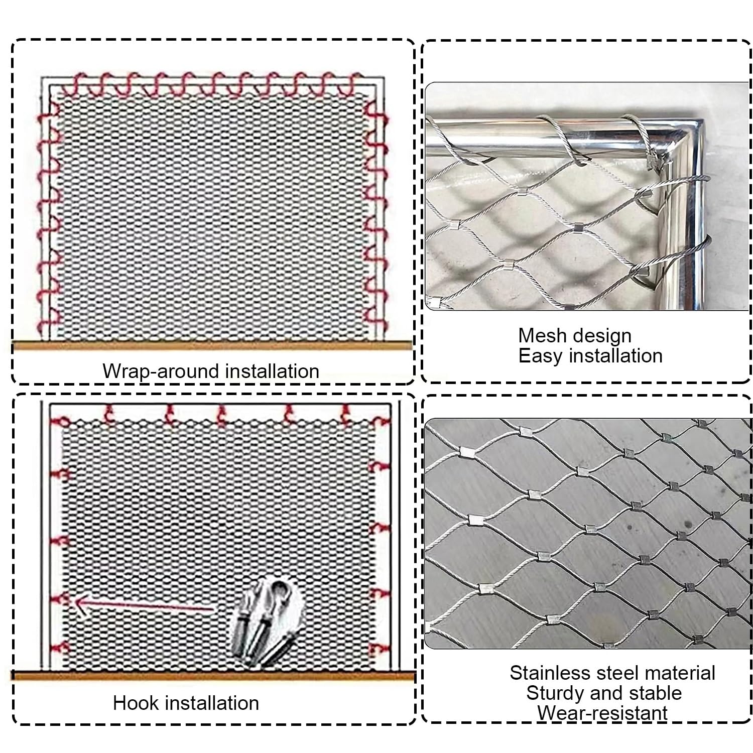Red de Cuerda de Alambre de Acero Inoxidable, Abertura de Malla de 10 cm | Red de protección para balcones, Red de seguridad de cable flexible, Valla de malla para aves de corral de jardín