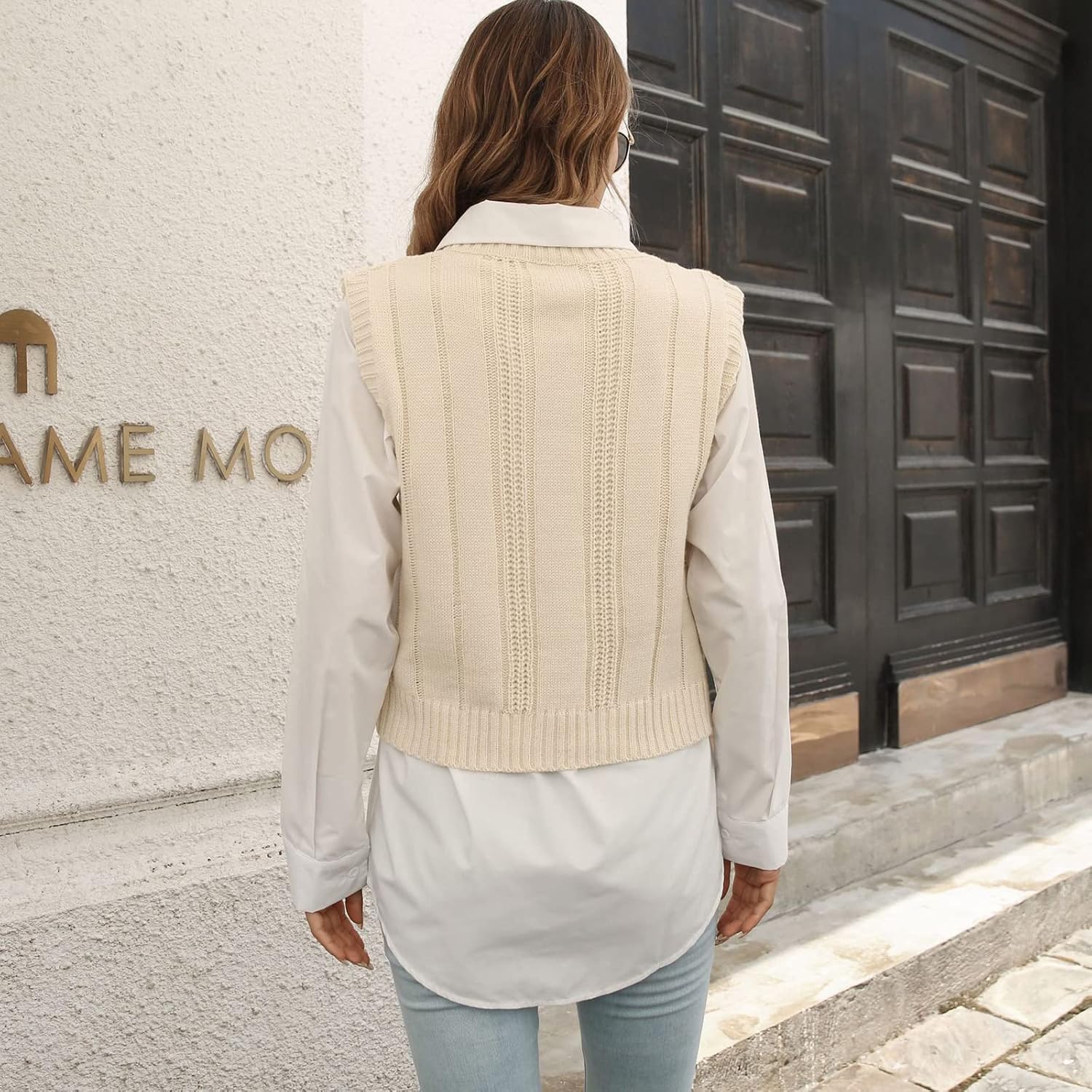 Women's Stripe Sweater Vest Classic V Neck Cable Knit Vest Sleeveless Pullover Ribbed Tank Tops - Image 2