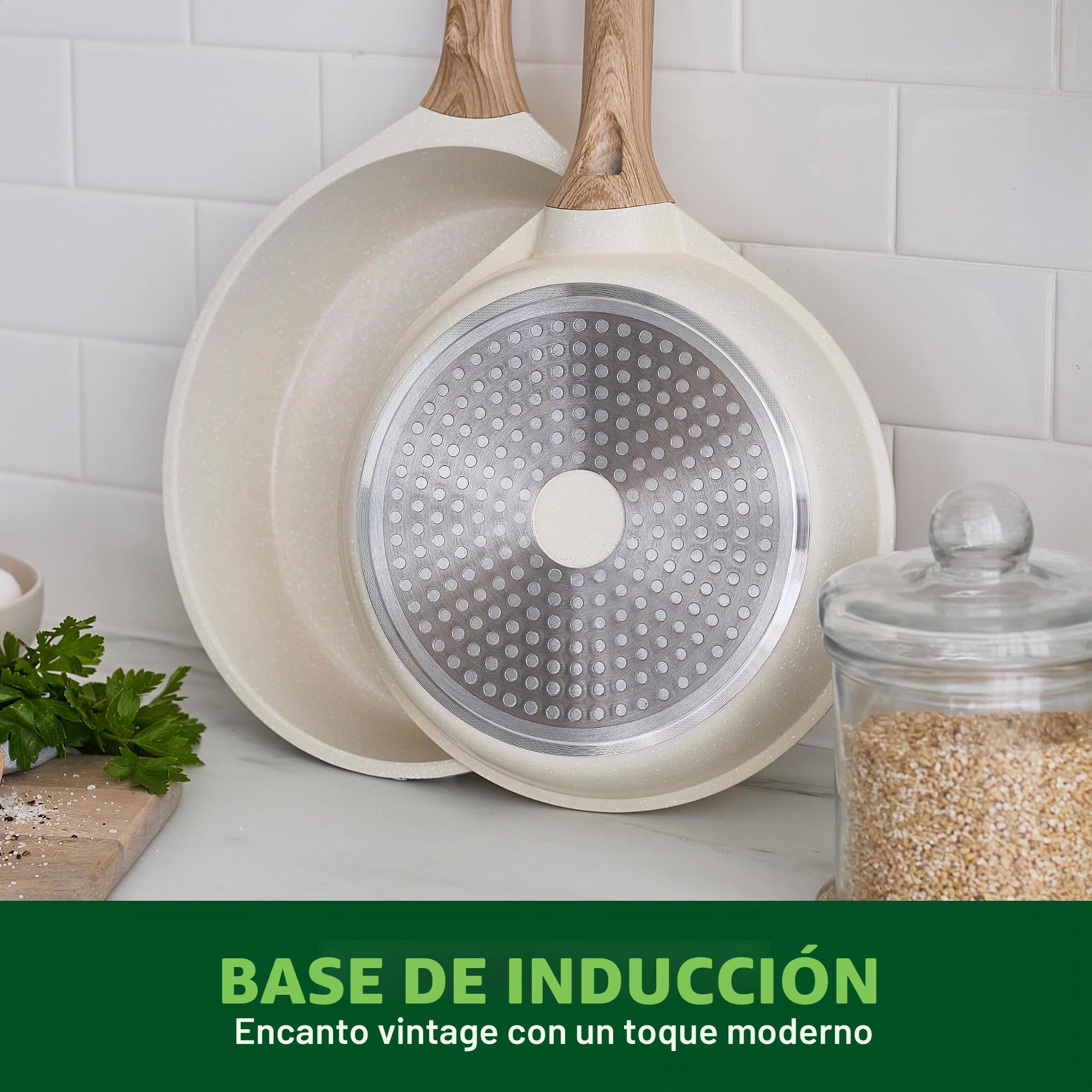 GreenChef Arte - Juego de 2 sartenes antiadherentes de cerámica (24 cm y 28 cm, sin PFAS, aptas para inducción, mango de madera), color crema