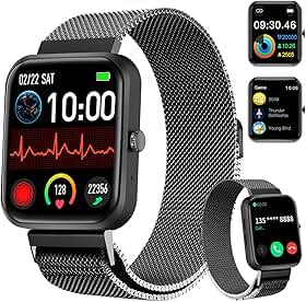 PEJE Smartwatch HXW06,Tela TFT HD de 1,83" Ecrã tátil e Ai,Feminino e Masculino,123 Esportes,IP68 à rova d'água, Chamada Bluetooth, Compatível com Android iOS （Pulseira em aço preto）