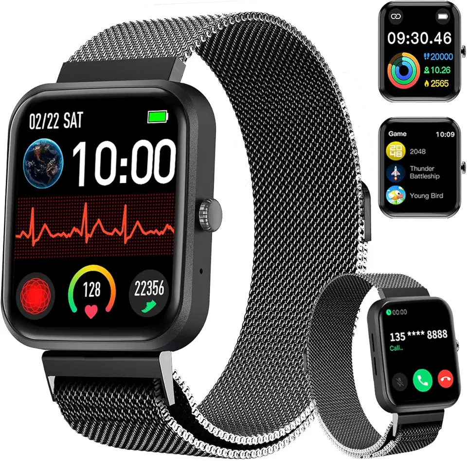 PEJE Smartwatch HXW06,Tela TFT HD de 1,83" Ecrã tátil e Ai,Feminino e Masculino,123 Esportes,IP68 à rova d'água, Chamada Bluetooth, Compatível com Android iOS （Pulseira em aço preto）