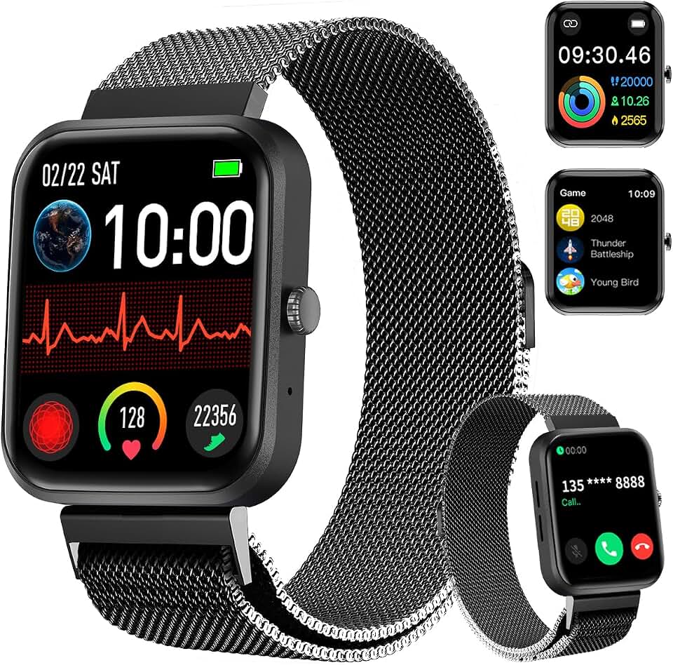 PEJE Smartwatch HXW06,Tela TFT HD de 1,83" Ecrã tátil e Ai,Feminino e Masculino,123 Esportes,IP68 à rova d'água, Chamada Bluetooth, Compatível com Android iOS (Pulseira em aço preto)