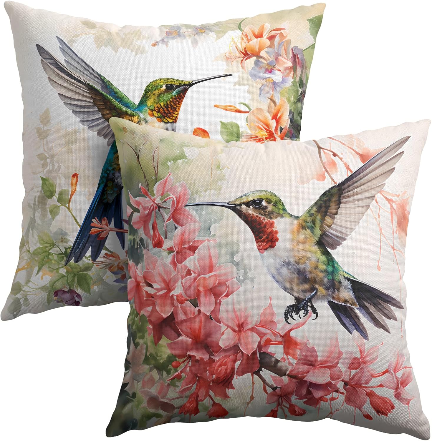 Watercolor Bird Throw Pillow Covers - Spring Hummingbird Outdoor Pillow Covers 18x18 Inch Summer Tropical Flowers Cushion Cases Set of 2 Pillowcase for Patio Furniture Bed