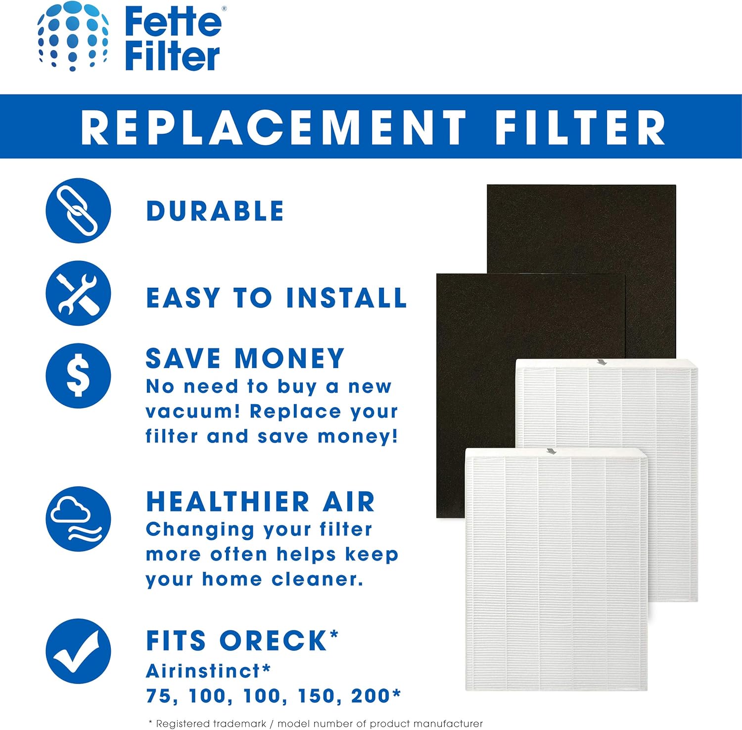 Fette Filter - Premium True Hepa H13 Filters Compatible with Oreck Airinstinct 75, 100, 108, 150, 200 Air Purifers 2 True HEPA & 2 Activated Carbon Replacement Filters. - Image 4