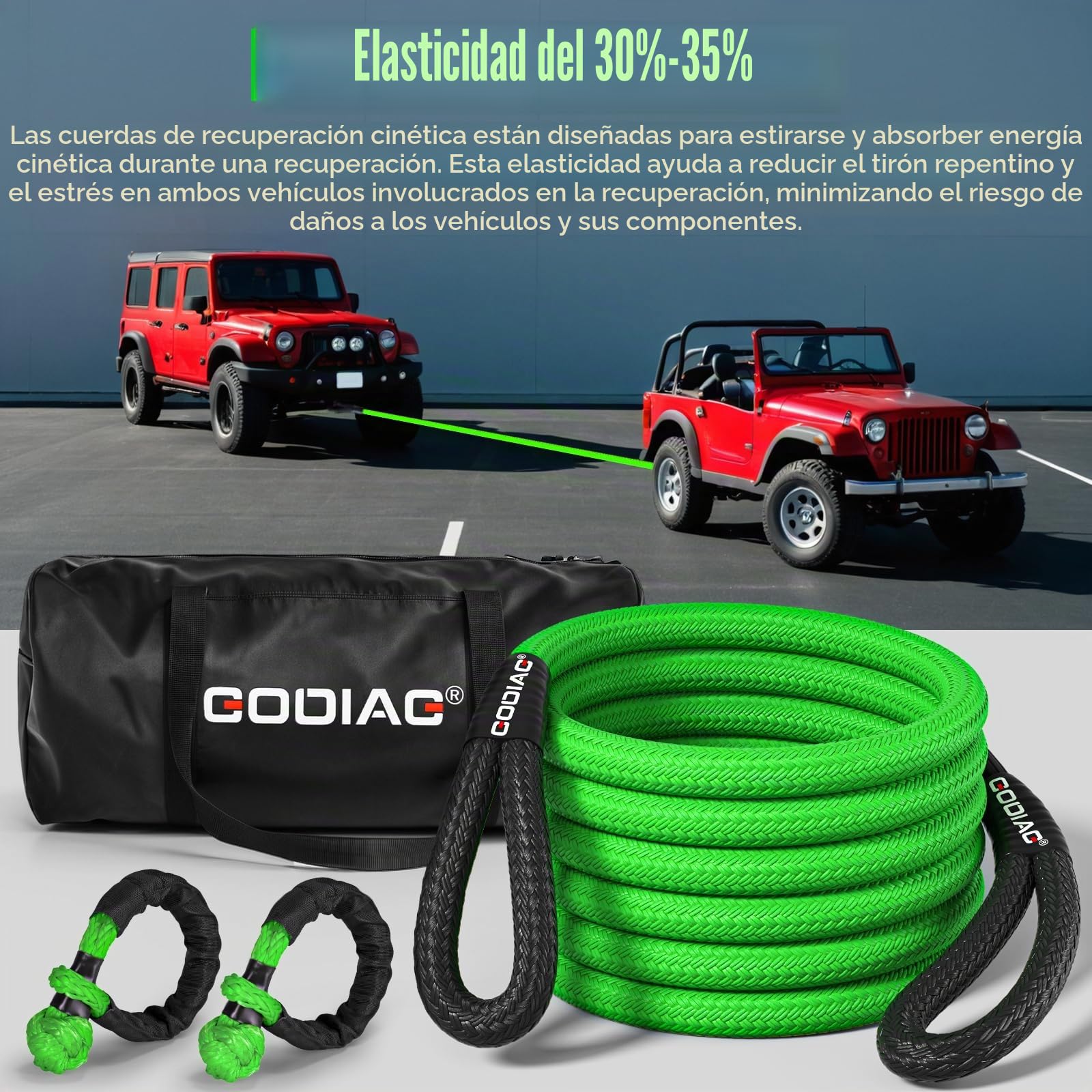 GODIAG Cuerda de Remolque para Coche Correa para Remolcar Vehículos con 2 Grilletes Suaves 1 par de Guantes de Algodón y Bolsa de Almacenamiento Cuerda de Recuperación para Coches Jeep Camión SUV, 9M