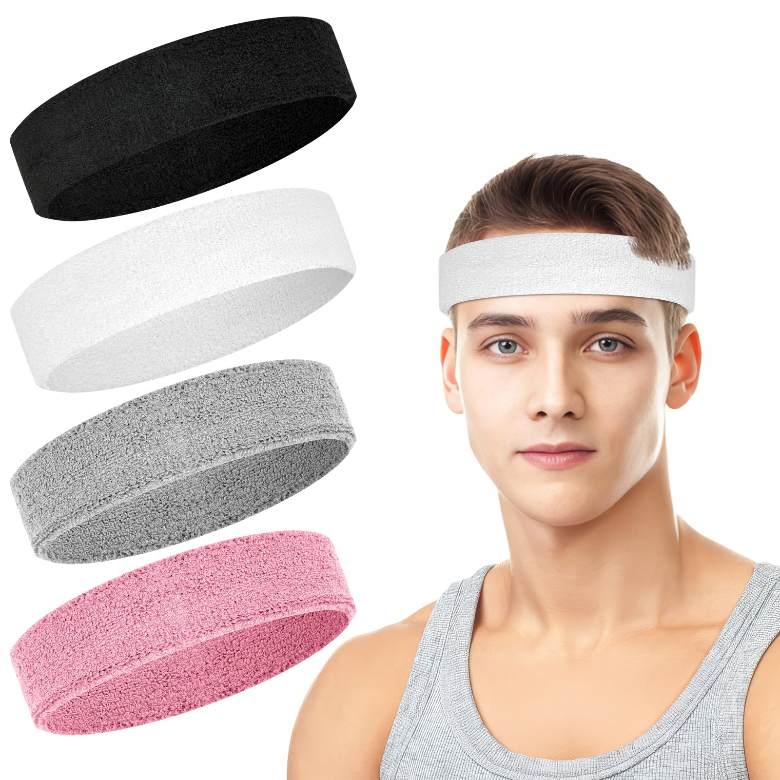4 Pack Cotton Terry Sweat Headbands for Men Women Running Gym