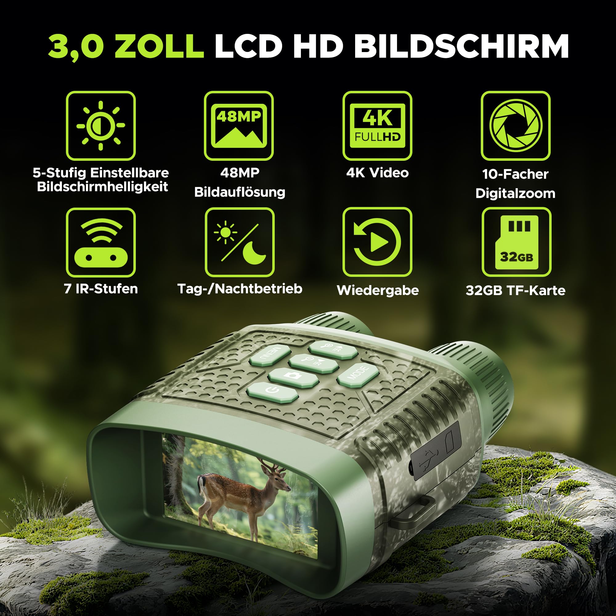 Nachtsichtgerät 4K Video & 48MP Fotos, 10X Digitalzoom, 7-stufige IR-Nachtsicht, 5000mAh Akku, 32GB SD-Karte, 400m Sichtweite – für Tierbeobachtung, Camping & Abendspaziergänge