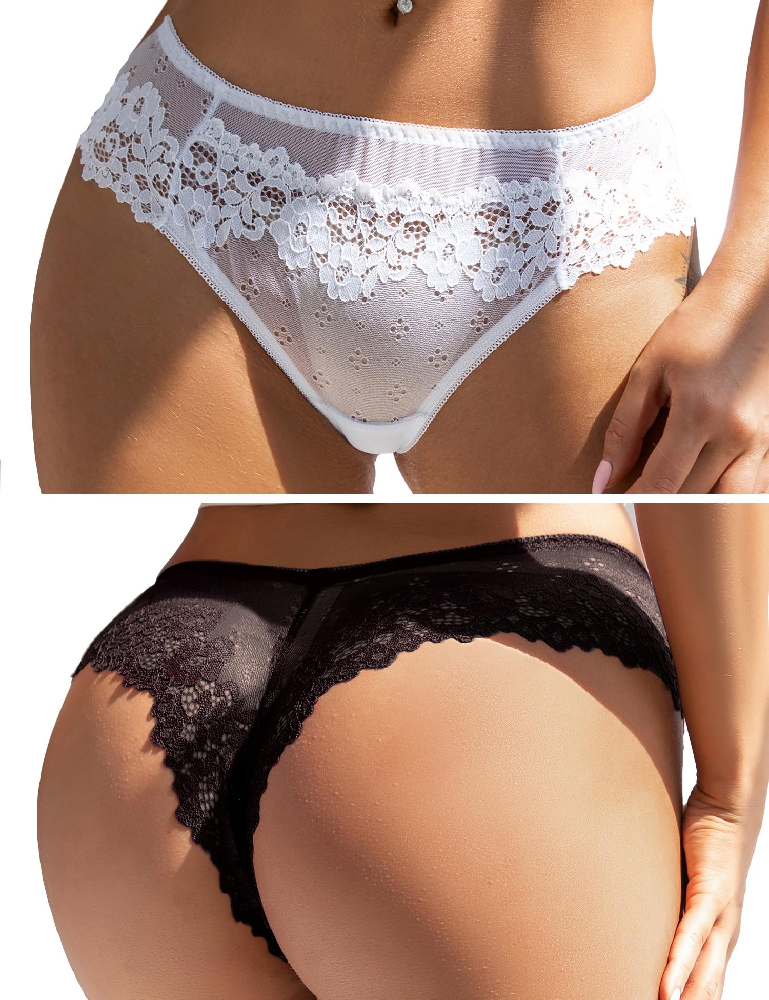 comeondear Women's Lace Thong Sexy Thong, Medium Waist Hipster Panty, Breathable Panty, Antibacterial Thong, Sexy Underwear - S - Black+White
