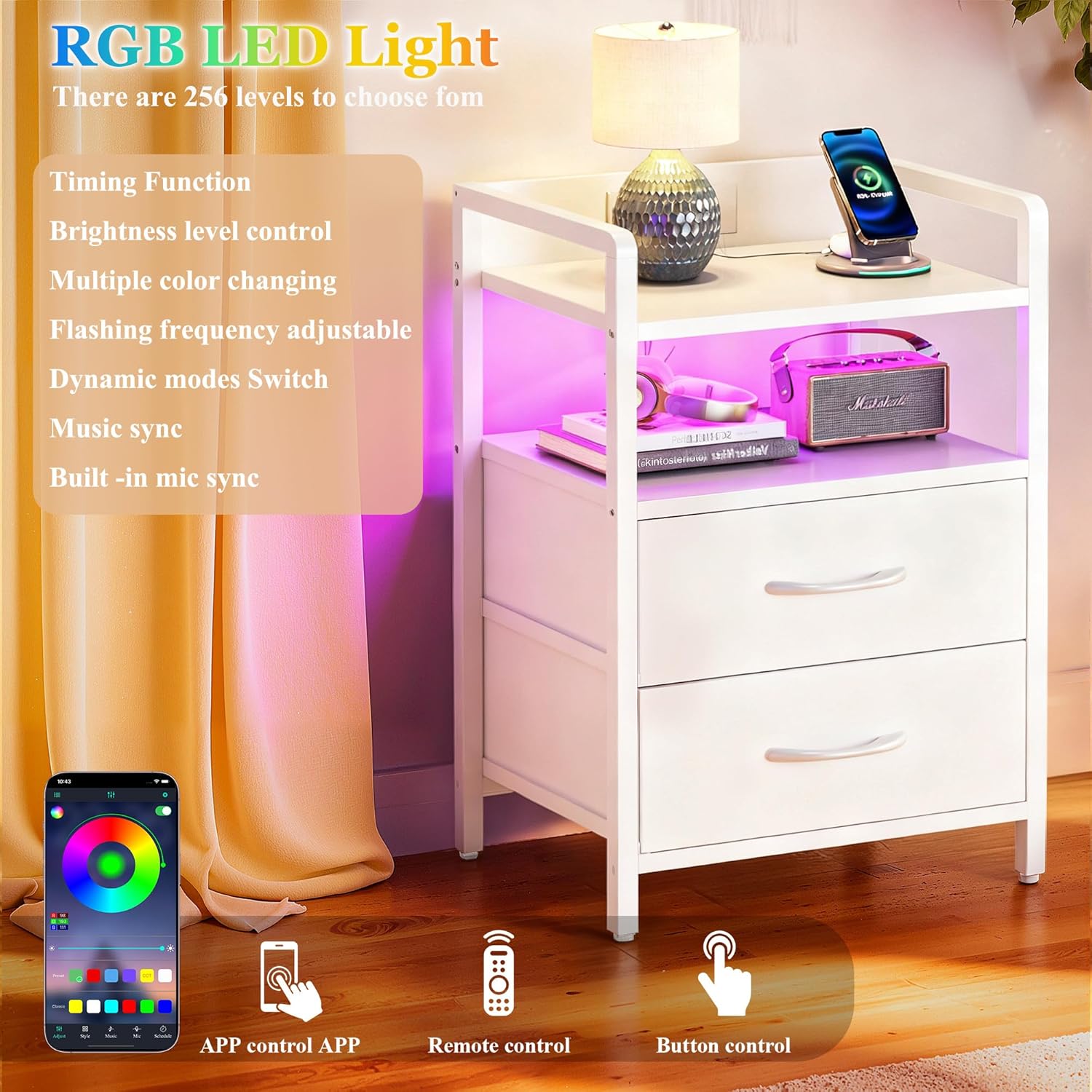 Night Stand with Charging Station, LED Nightstand with Storage 2 Shelfs & 2 Fabric Drawers, Morden End Table with U-S-B Ports & AC Outlets, White - Image 4