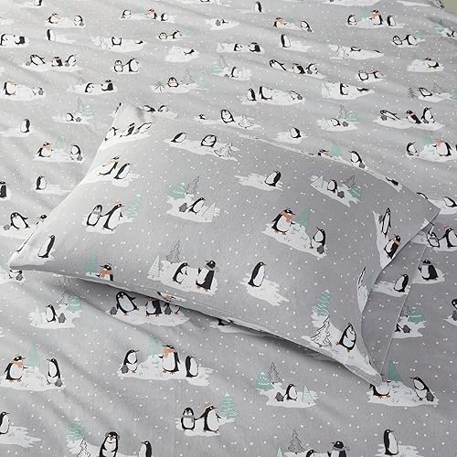 Miniatura 3 de Sleep Philosophy - Juego de sábanas True North de franela de 100% algodón, sábanas bonitas y ultrasuaves para clima frío, diseño gris de pingüinos,