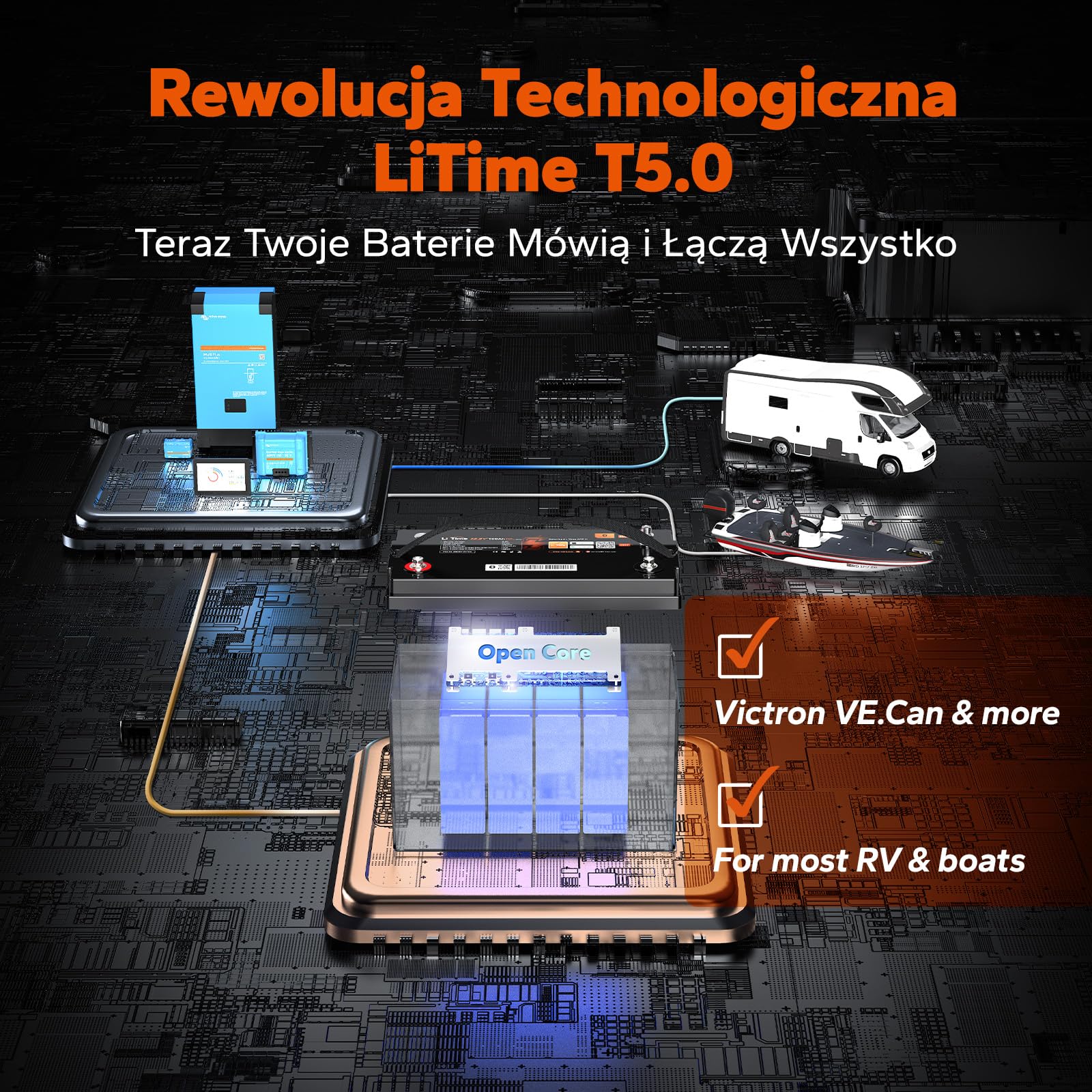 LiTime LiFePO4 12V 100Ah Lithium Bateria Bluetooth Z Systemem Victron, Komunikacja CAN/RS485, 100A BMS, Akumulator 12V 4000-15000 Cykli, Do Kempingów, łodzi, Off-Grid