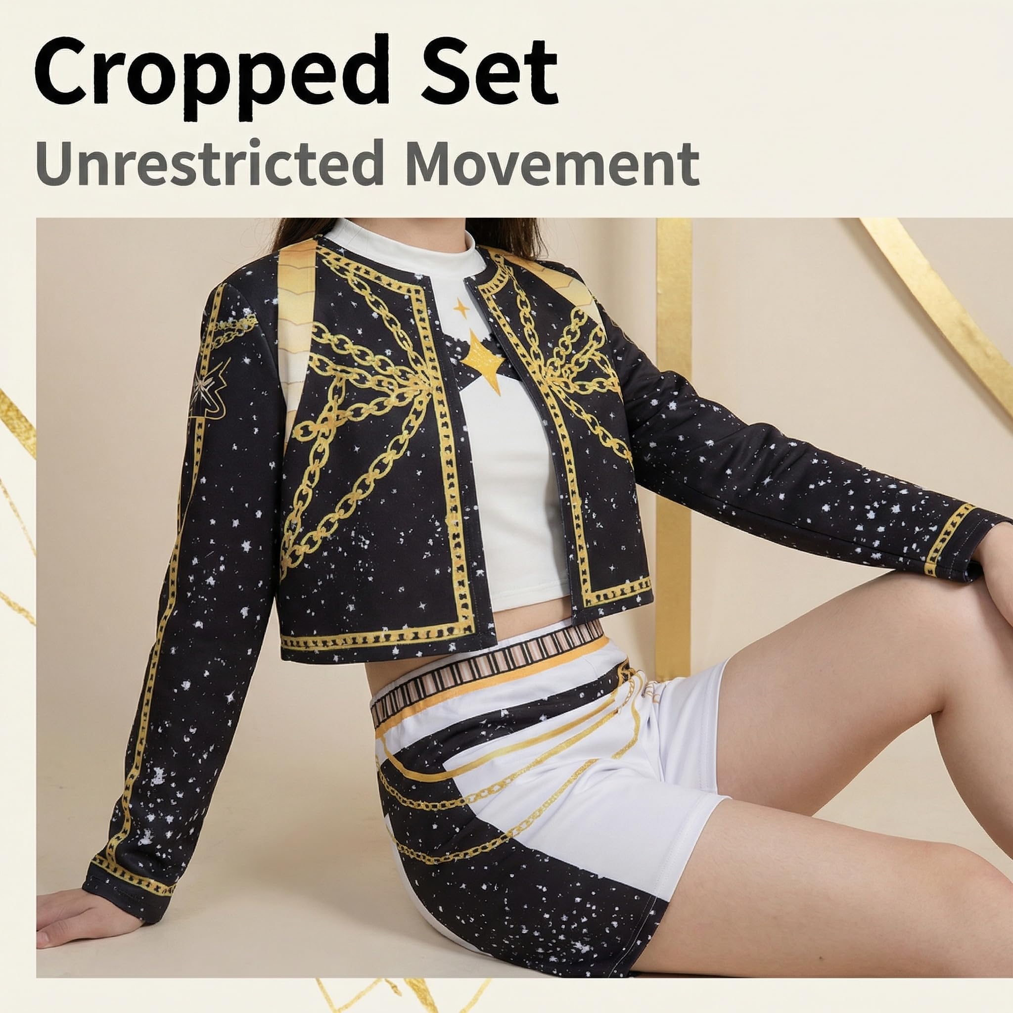 Girls Costume Set, Kpop Black Gold Stage Outfit Set Corps Performance Accessories — view 2