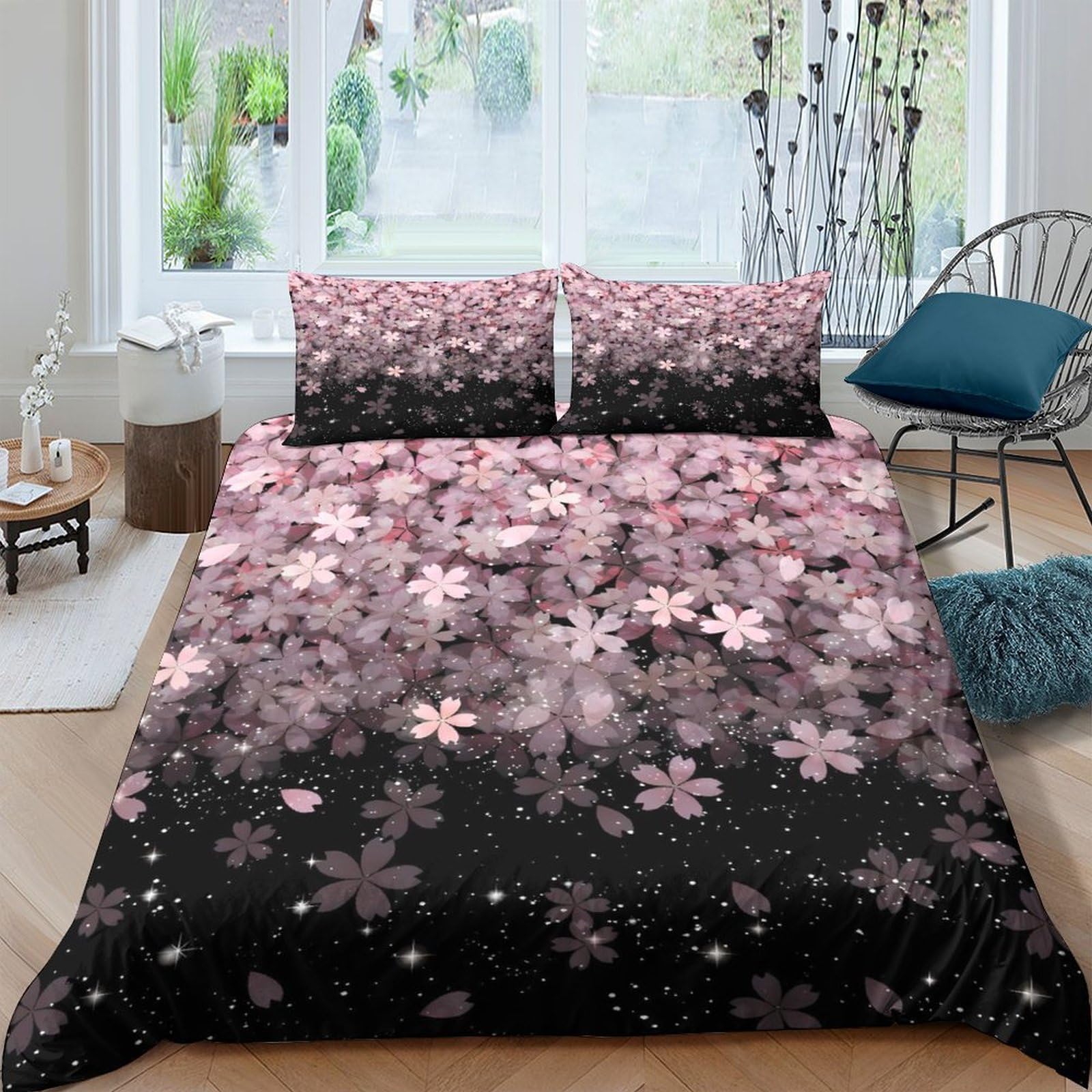 GPLZQXKJNH 3D Printed Pink Sakura Blossom Duvet Cover Microfiber Soft Breathable Black Gradient Bedding Set with 2 Pillowcases for Bedroom Decor Single（135x200cm）