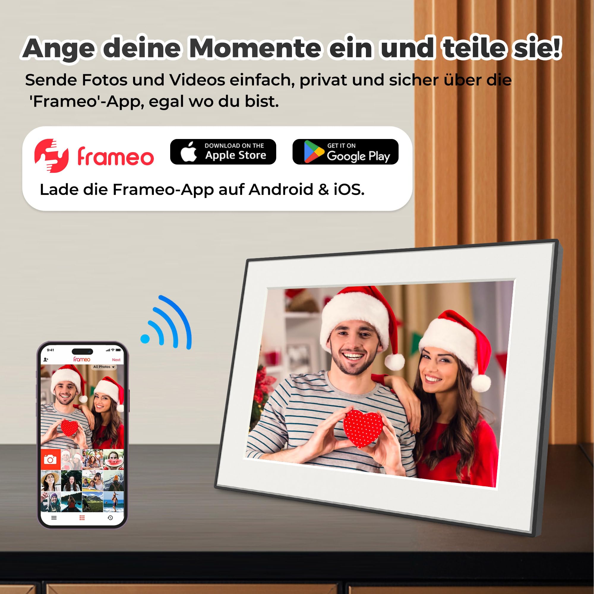 Frameo WiFi Digitaler Bilderrahmen, 10,1 Zoll 32GB Digital Photo Frame 1280x800 IPS HD Touch Screen, Automatische Drehung, sofort Fotos/Videos teilen via Frameo-App von überall.
