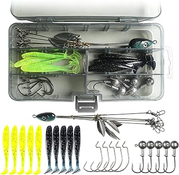 22-Piece Boxed 5-Arm Alabama Rig Tackle Box, Umbrella A-Rig with 4 Willow Leaf Blades, Soft Swimbait Lure Kit for Bass Trout Salmon, Freshwater & Saltwater Fishing