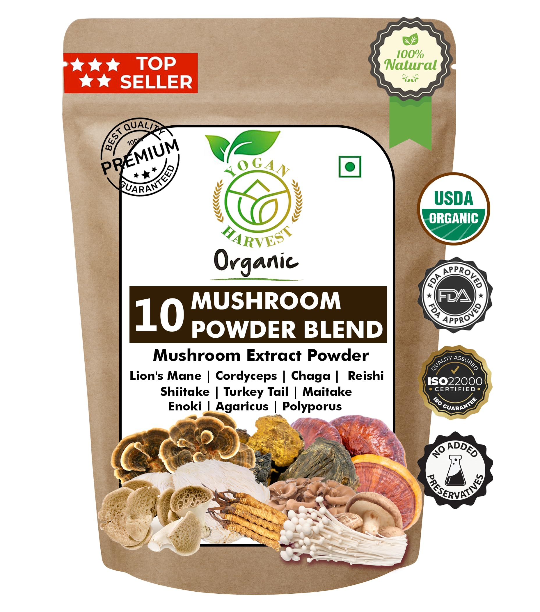 USDA Organic 10 in 1 Mushroom Blend Extract Powder - Powerful Blend Everyday Dose Mushroom Supplement, Lions Mane, Cordyceps, Reishi, Shiitake & More - Enhanced Focus & Vitality By Yogan Harvest
