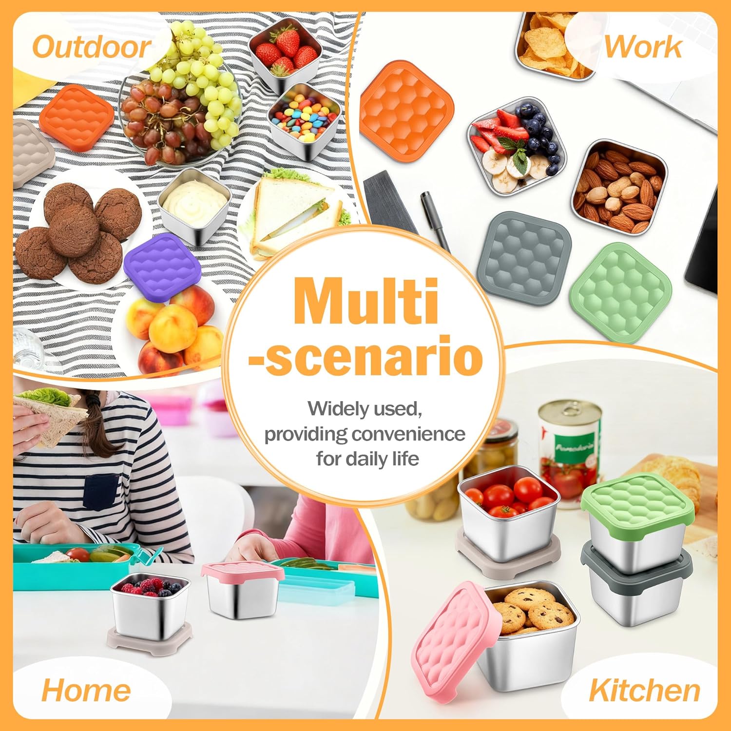 P&P CHEF 6oz Snack Containers Stainless Steel for Kids, 6 Pcs Small Snack Box Container with Silicone Lids, Reusable Metal Small Food Lunch Box for Kitchen/Travel/Outdoor, Stackable & Easy Open - Image 5