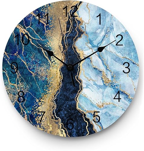 Reloj de pared silencioso de PVC de 14 pulgadas, reloj de pared redondo de oro azul, arte abstracto, textura de mármol, reloj colgante para cocina,