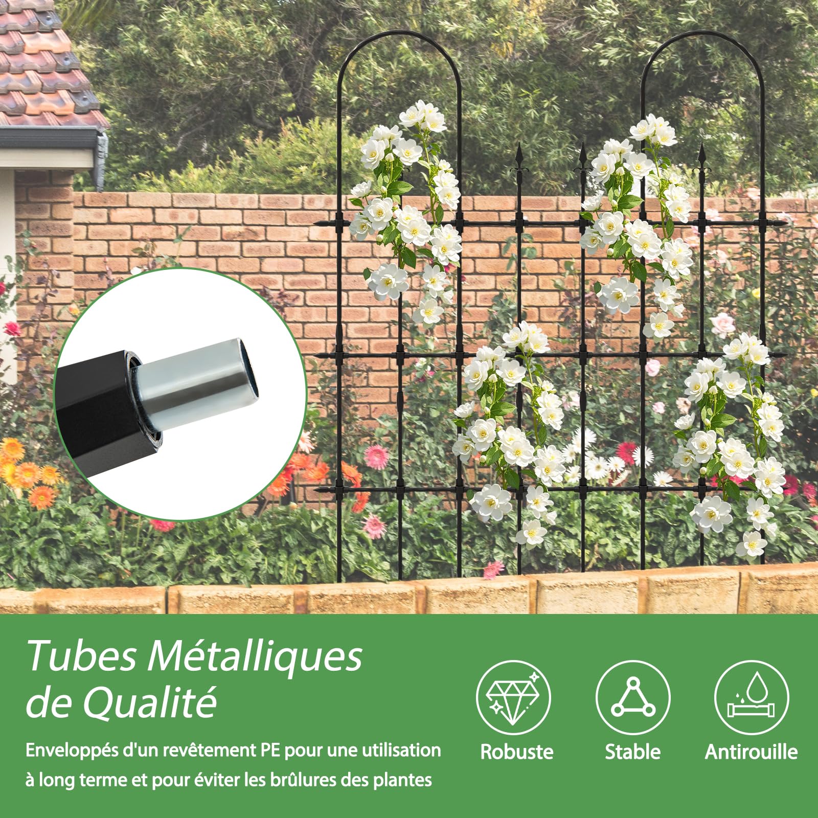 GOPLUS Treillis Jardin pour Plantes Grimpantes, Support de Plantes en Métal avec Revêtement en PE et Piquets Aiguisés, pour Plantes, Légumes, Fleurs, Vignes 147 X 186 CM
