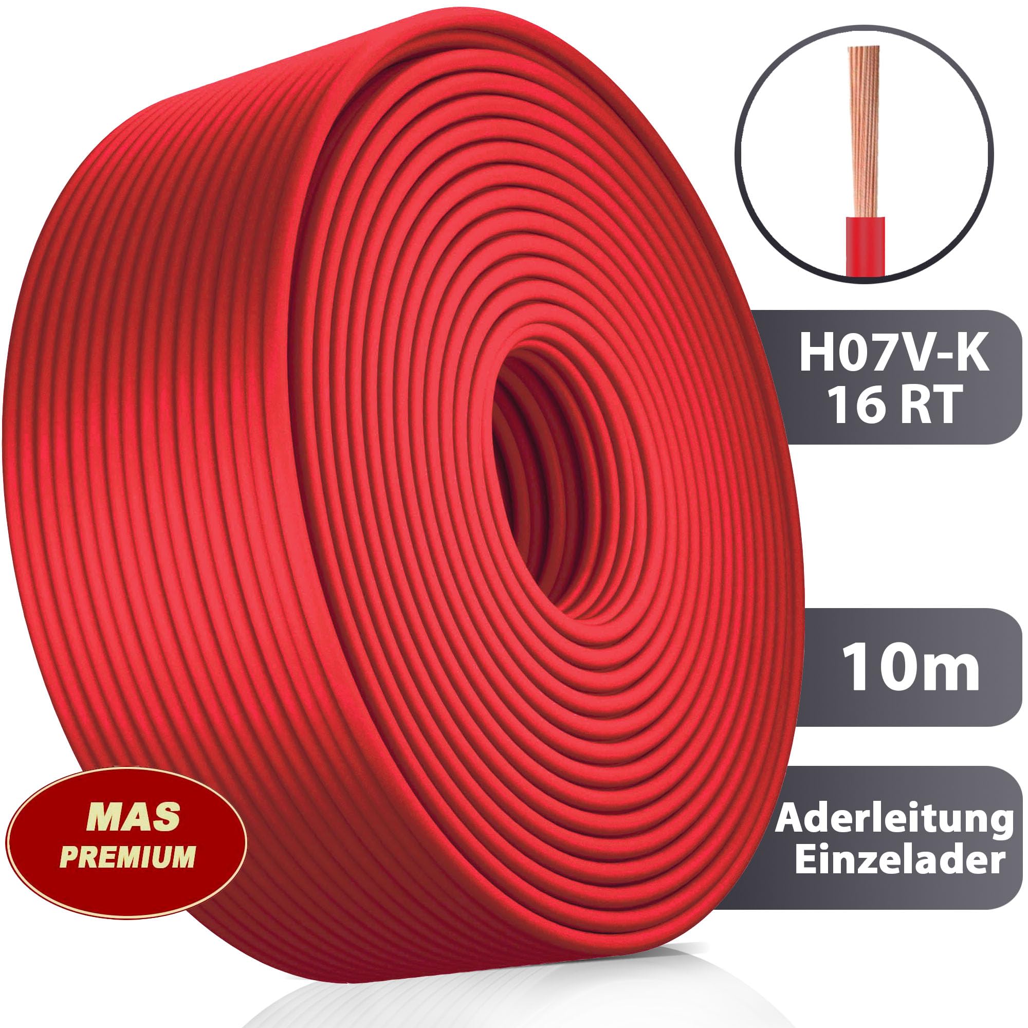 MAS Premium Câble conducteur H07 V-K 16 mm² de 5 à 100 m - Noir, marron, bleu foncé, vert, jaune, gris, bleu clair, orange ou rouge - Fil simple flexible (rouge, 10 m)