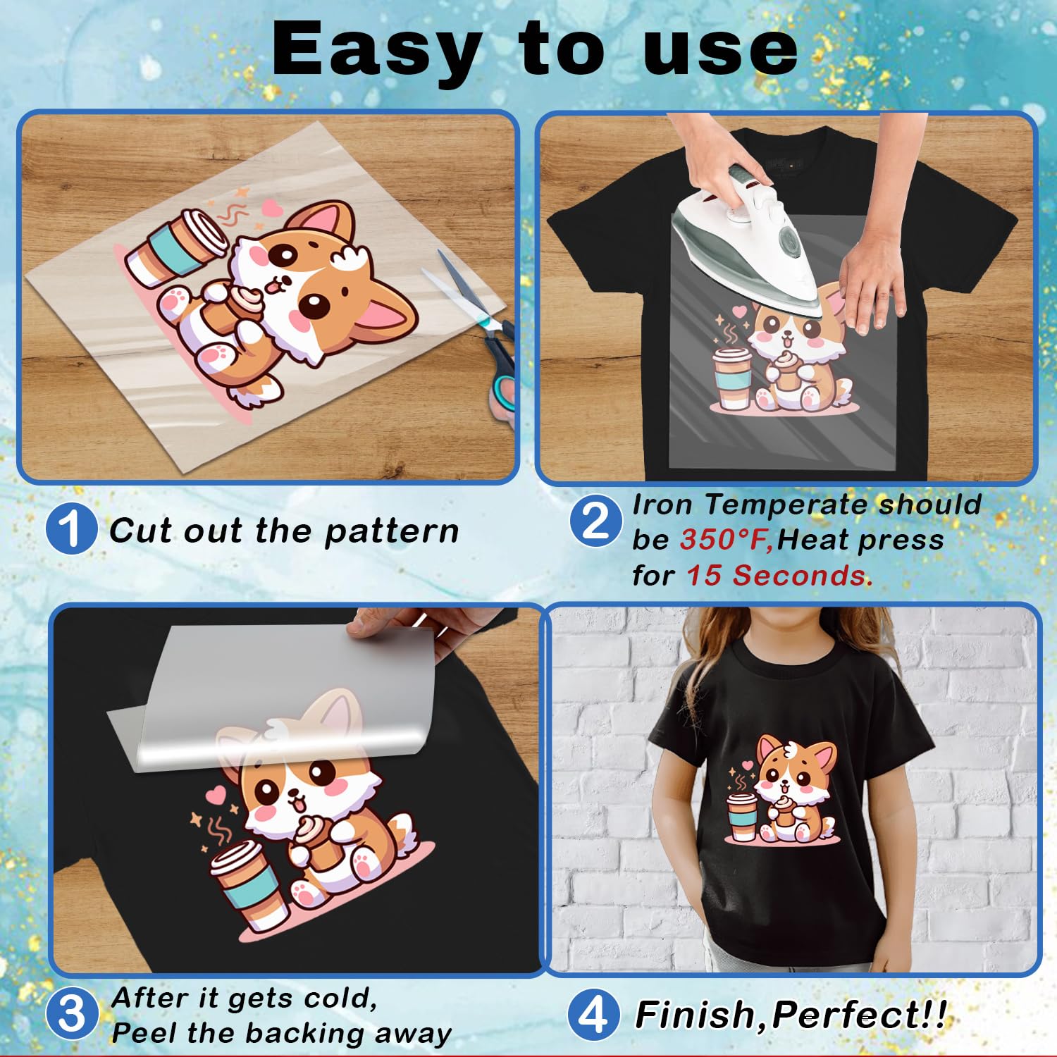 20 Blatt süße Corgi Hunde Kinder Mädchen Bügelbild T-Shirt Aufkleber Bügeleisen Wärmeübertragung direkt auf Film DTF Transfers bereit zum Drücken für T-Shirts/Tasche/Kissen