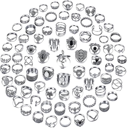 Juego de 78 anillos de nudillos plateados vintage anillos apilables para mujer anillos midi bohemios paquete de anillos apilables de cristal de