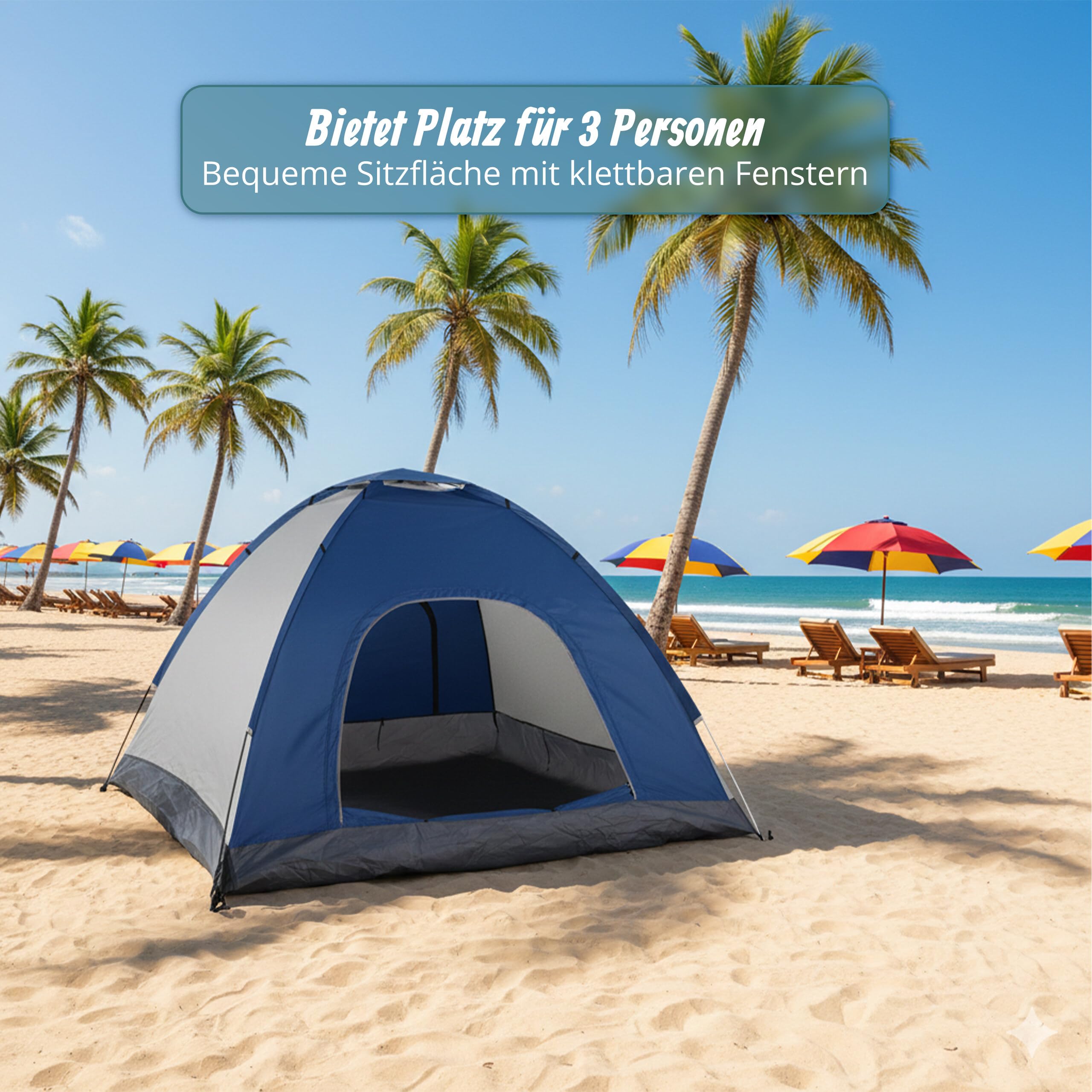 Relaxdays Pop Up Zelt Strand, Wurfzelt, 2-3 Personen, kleines Packma , UV Schutz 50+, HxBxT: 135 x 200 x 200 cm, blau, Einheitsgrosse, 10023316_473