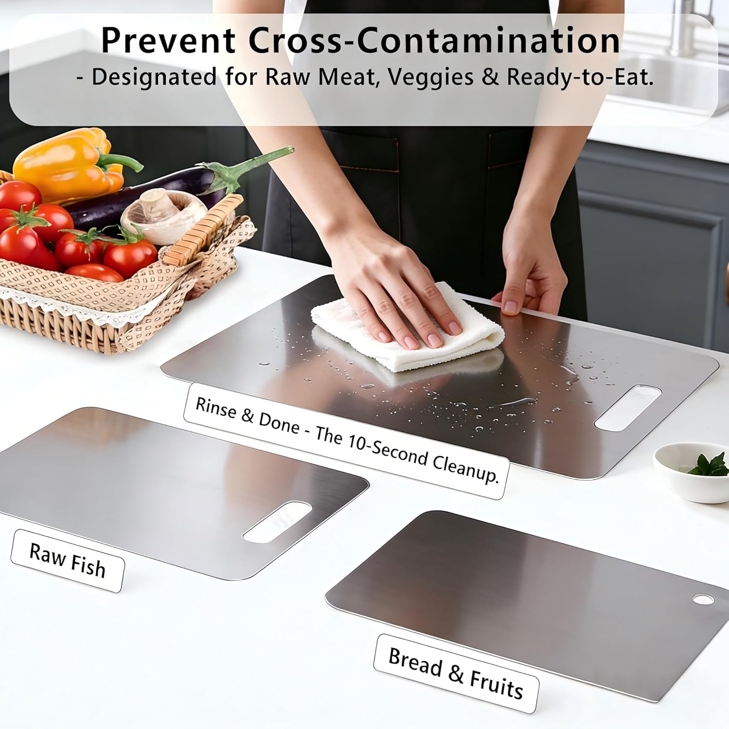 Dorm Room Kitchen Essentials 3-Piece Stainless Steel Cutting Boards, Space Saving & Easy Clean for Small Apartments