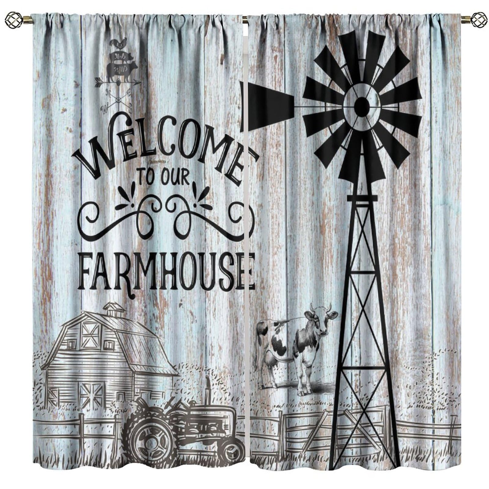 Djaby Rustic Windmill Curtain, Farmhouse Vintage Life Western Farm Barn Door Wooden Plank Cow Country Window Curtain for Bedroom Room Farmhouse 42" W